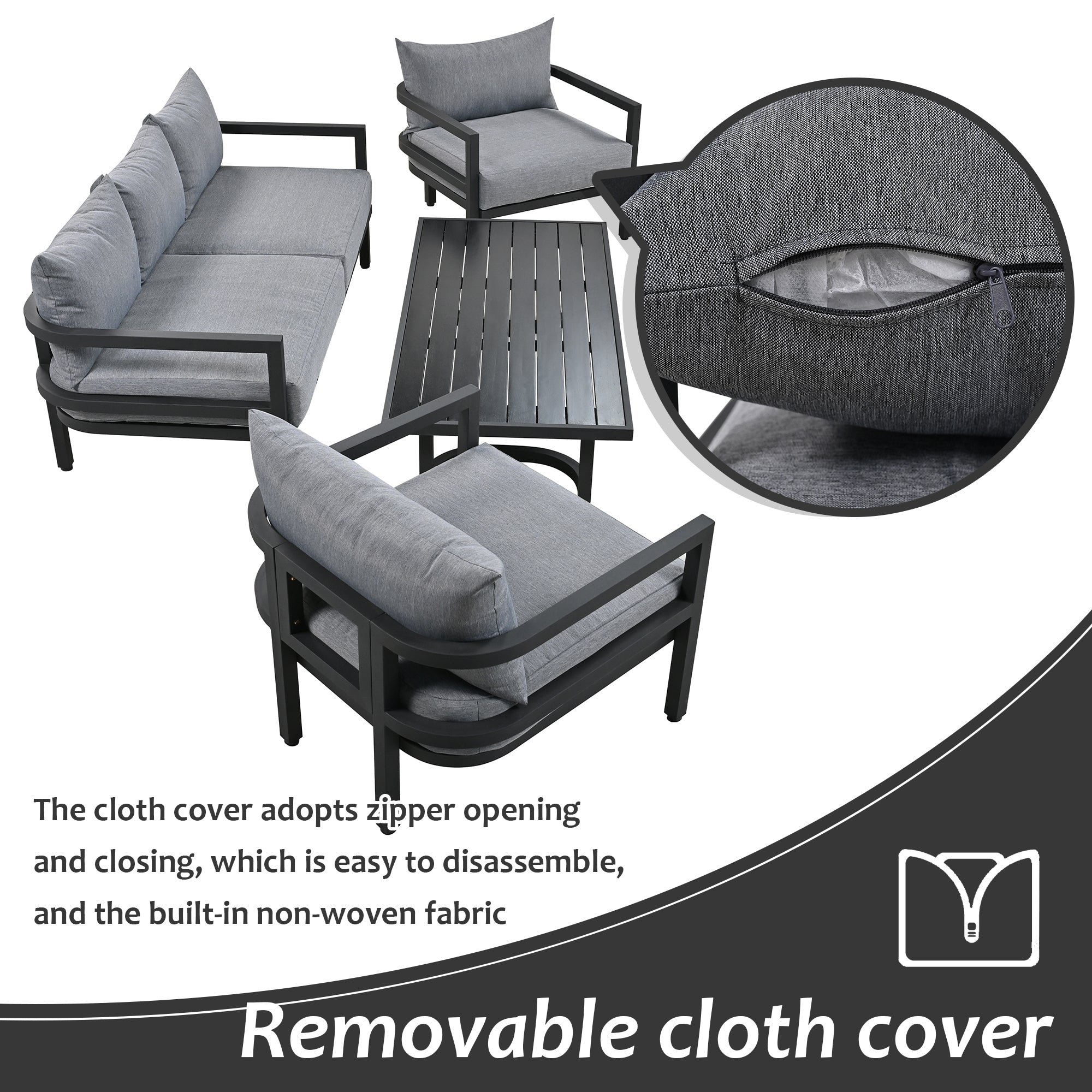 4-Piece Outdoor  Steel Patio Sectional with Table and Cushions
