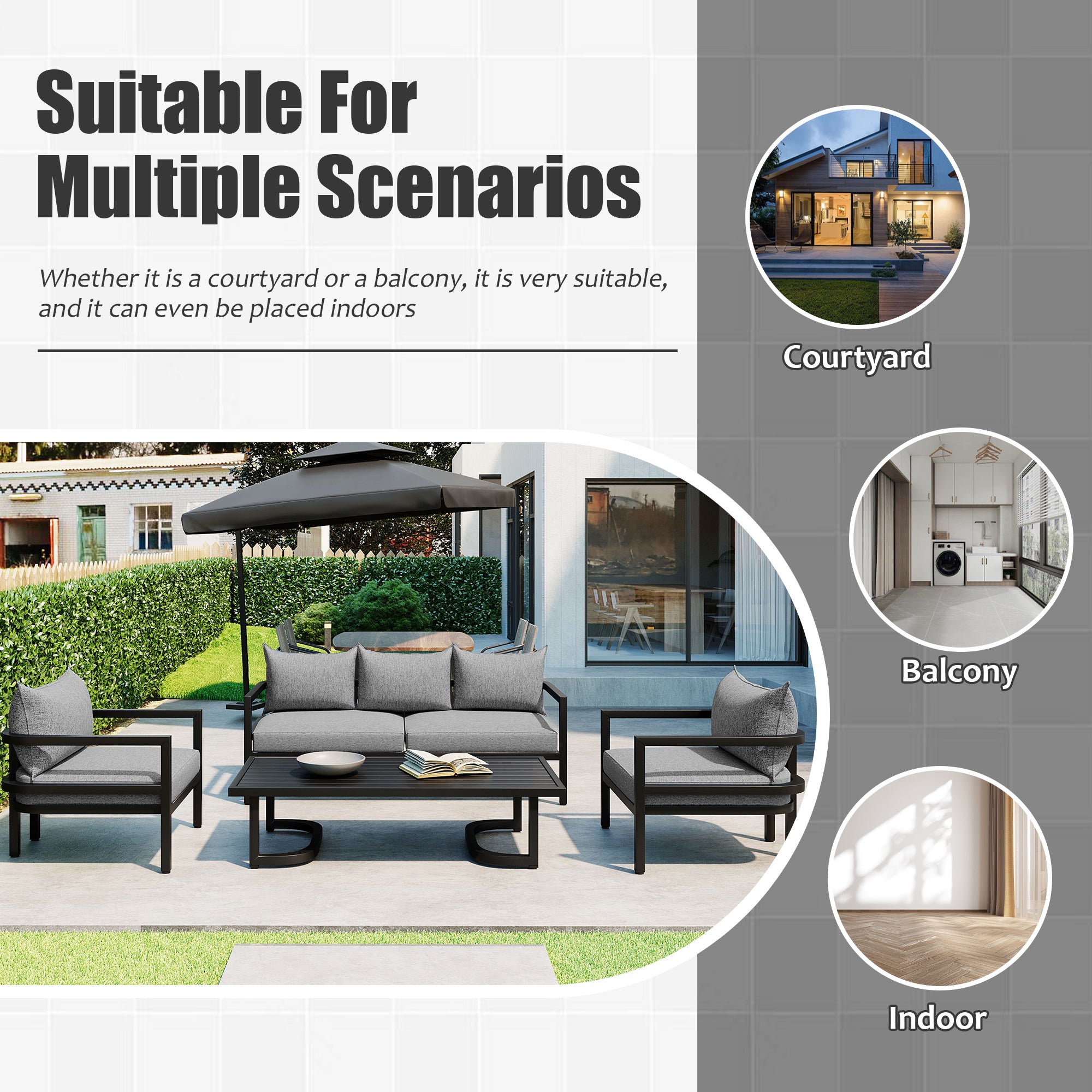 4-Piece Outdoor  Steel Patio Sectional with Table and Cushions