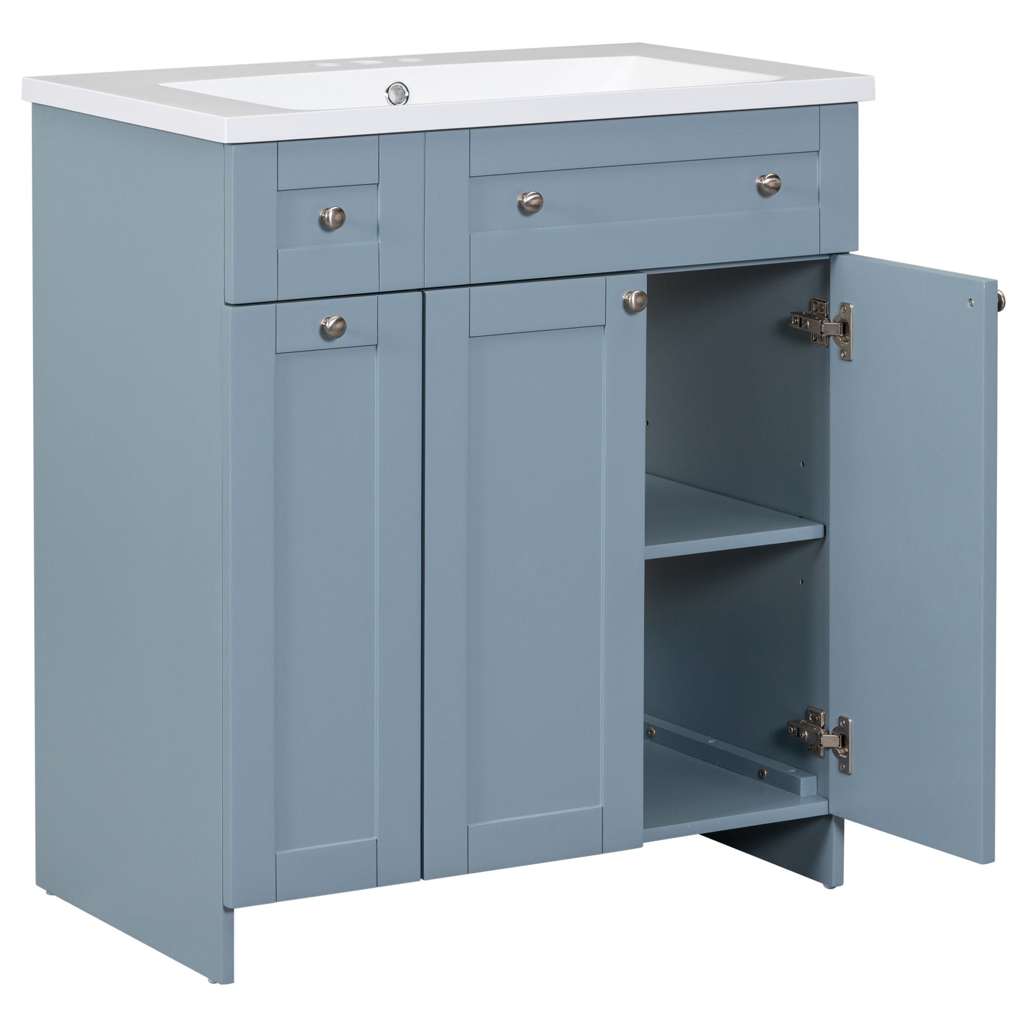 30 Inch MDF Freestanding Bathroom Vanity Set in White/ Grey/ Blue with Integrated Resin Sink