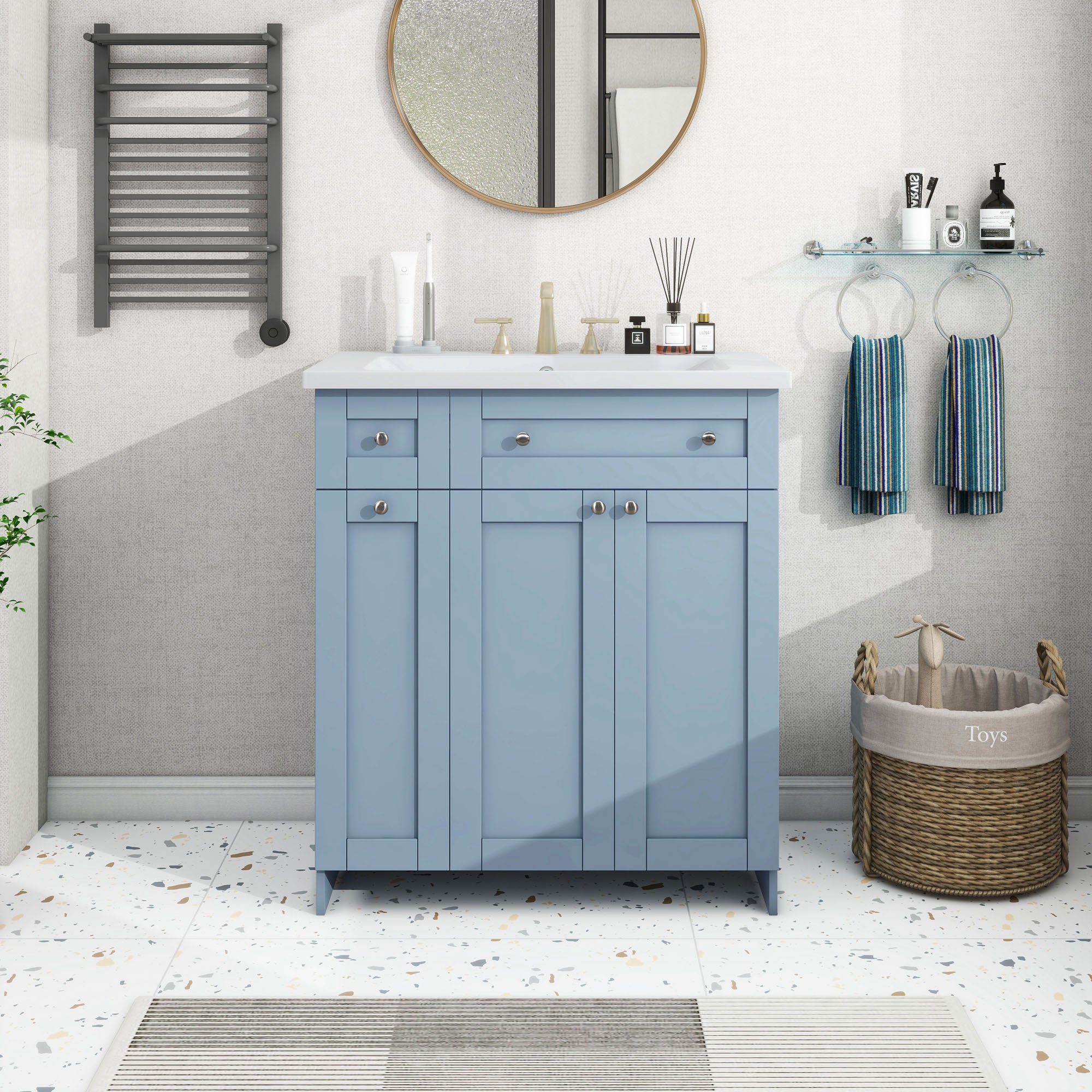 30 Inch MDF Freestanding Bathroom Vanity Set in White/ Grey/ Blue with Integrated Resin Sink