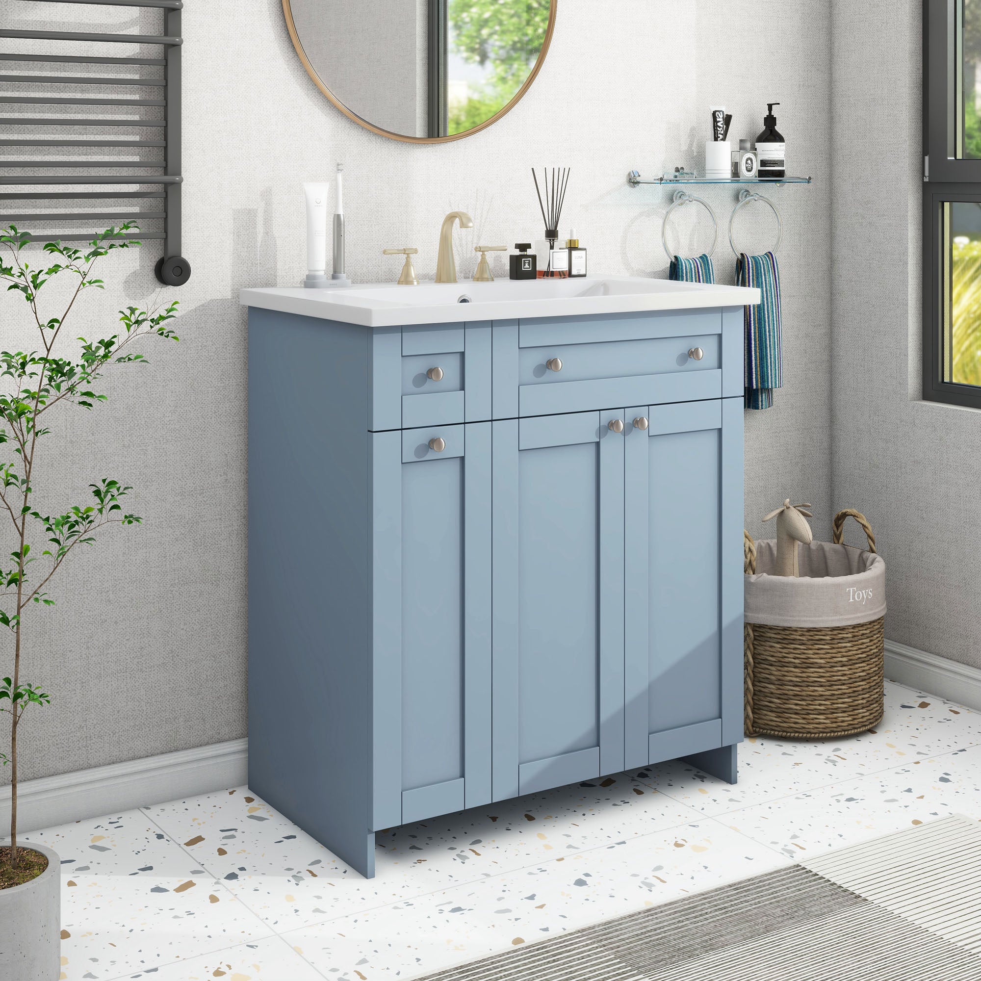 30 Inch MDF Freestanding Bathroom Vanity Set in White/ Grey/ Blue with Integrated Resin Sink