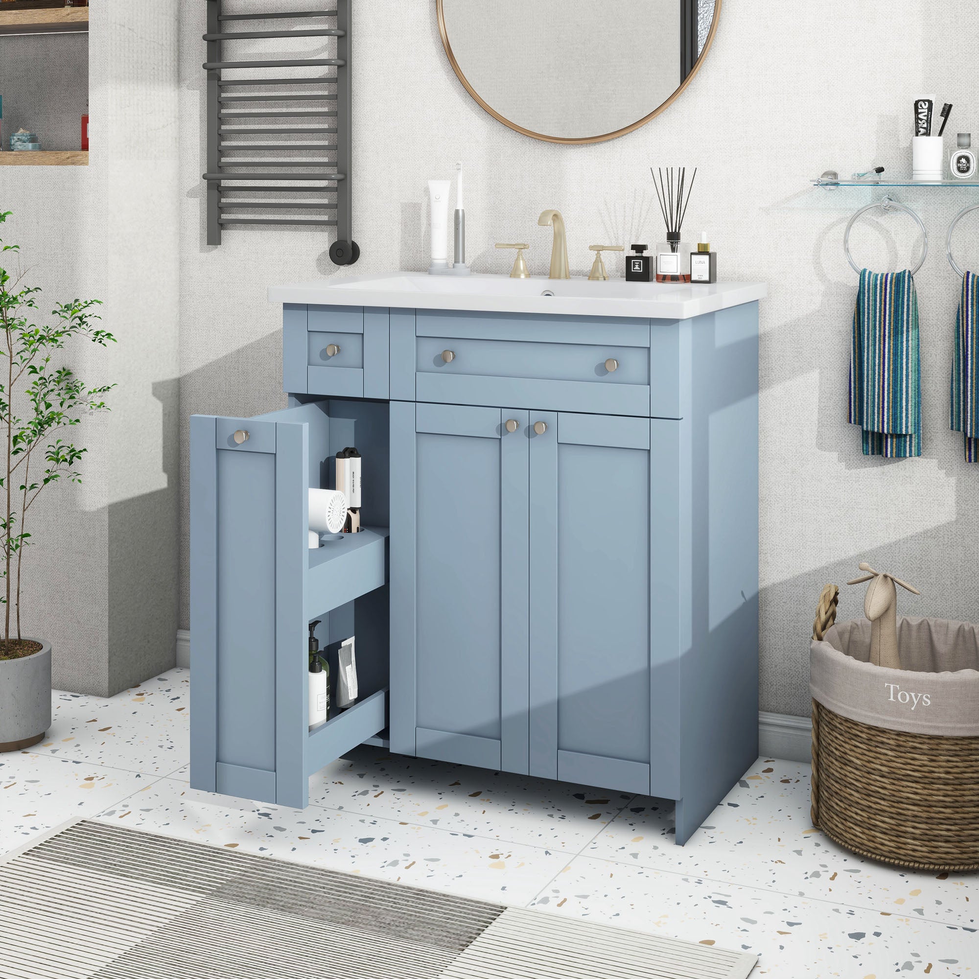 30 Inch MDF Freestanding Bathroom Vanity Set in White/ Grey/ Blue with Integrated Resin Sink