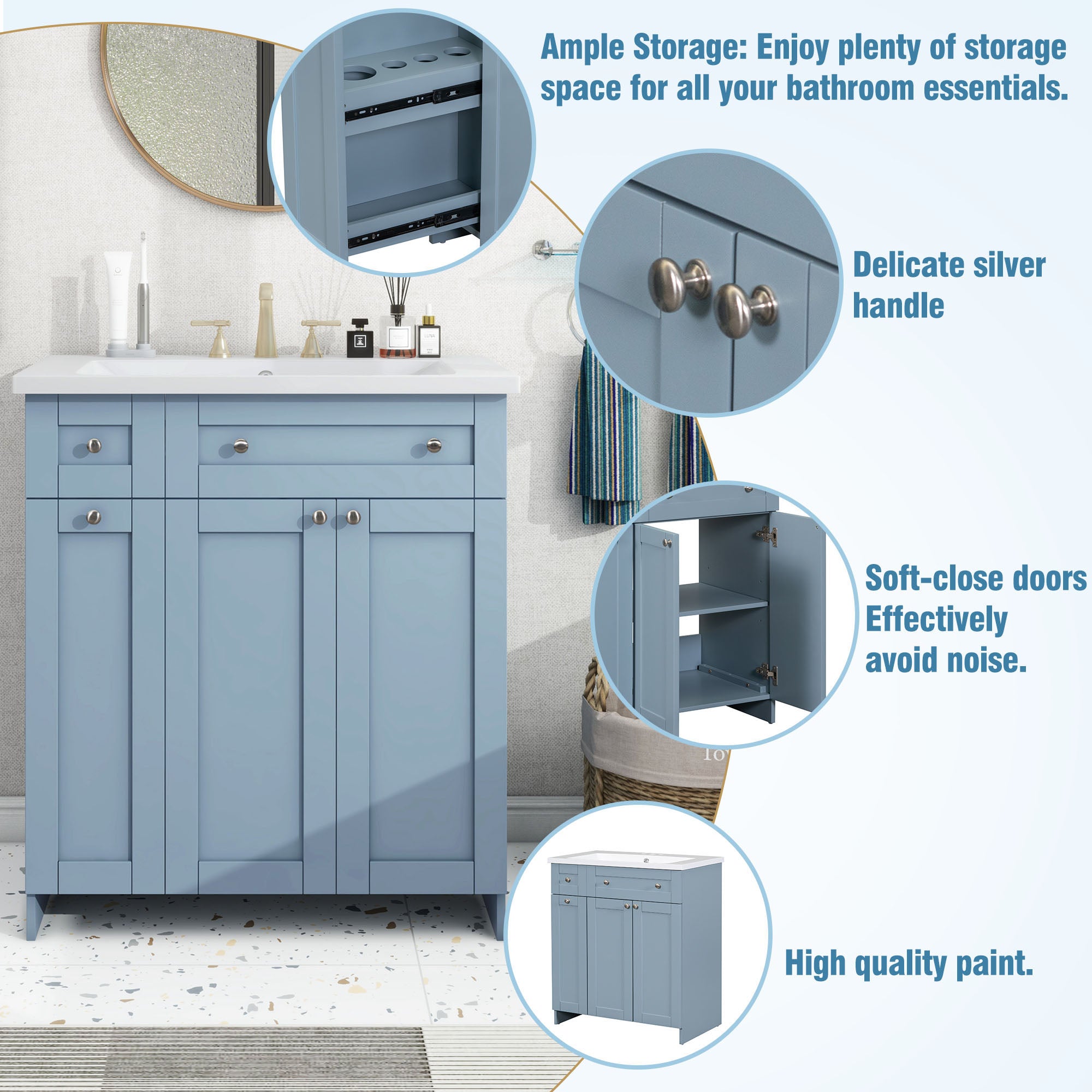 30 Inch MDF Freestanding Bathroom Vanity Set in White/ Grey/ Blue with Integrated Resin Sink