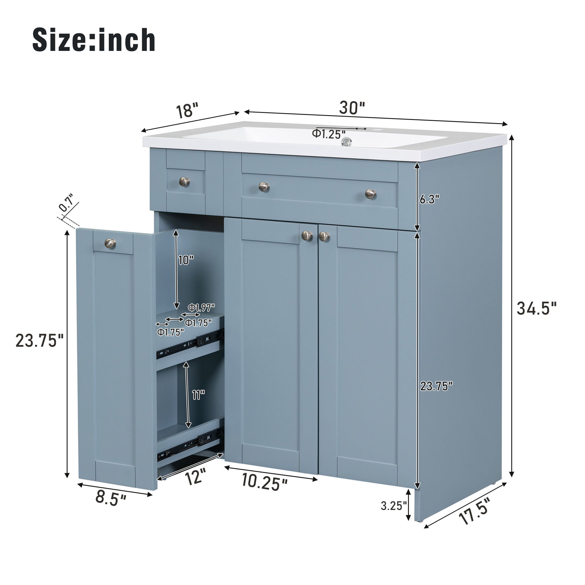 30 Inch MDF Freestanding Bathroom Vanity Set in White/ Grey/ Blue with Integrated Resin Sink