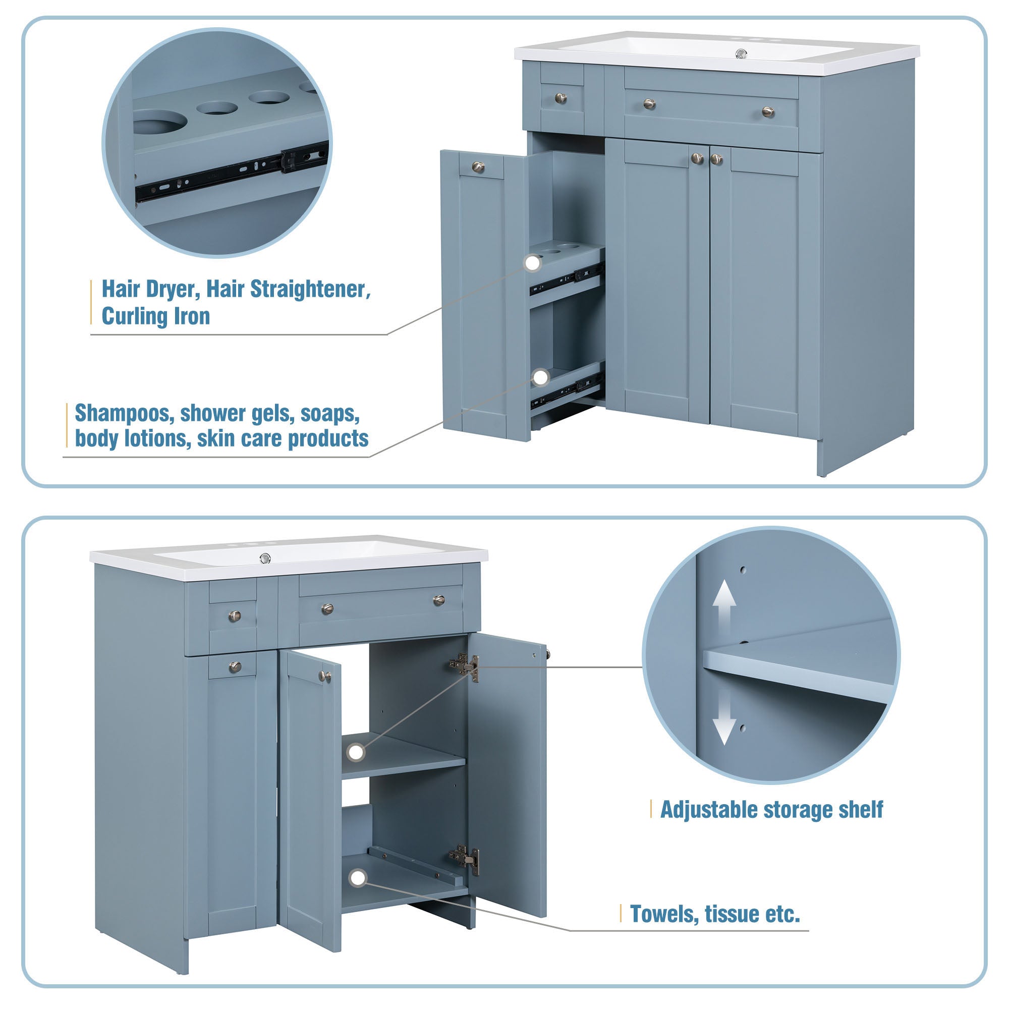 30 Inch MDF Freestanding Bathroom Vanity Set in White/ Grey/ Blue with Integrated Resin Sink