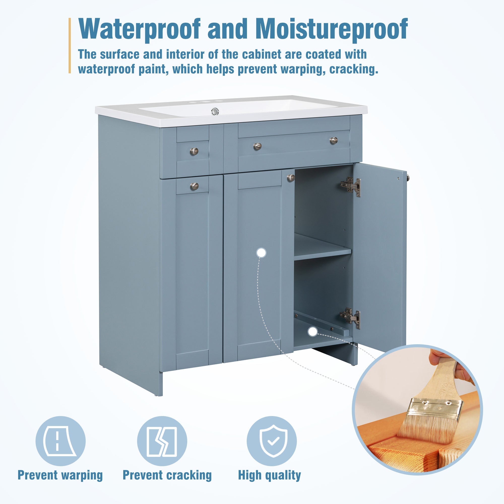 30 Inch MDF Freestanding Bathroom Vanity Set in White/ Grey/ Blue with Integrated Resin Sink