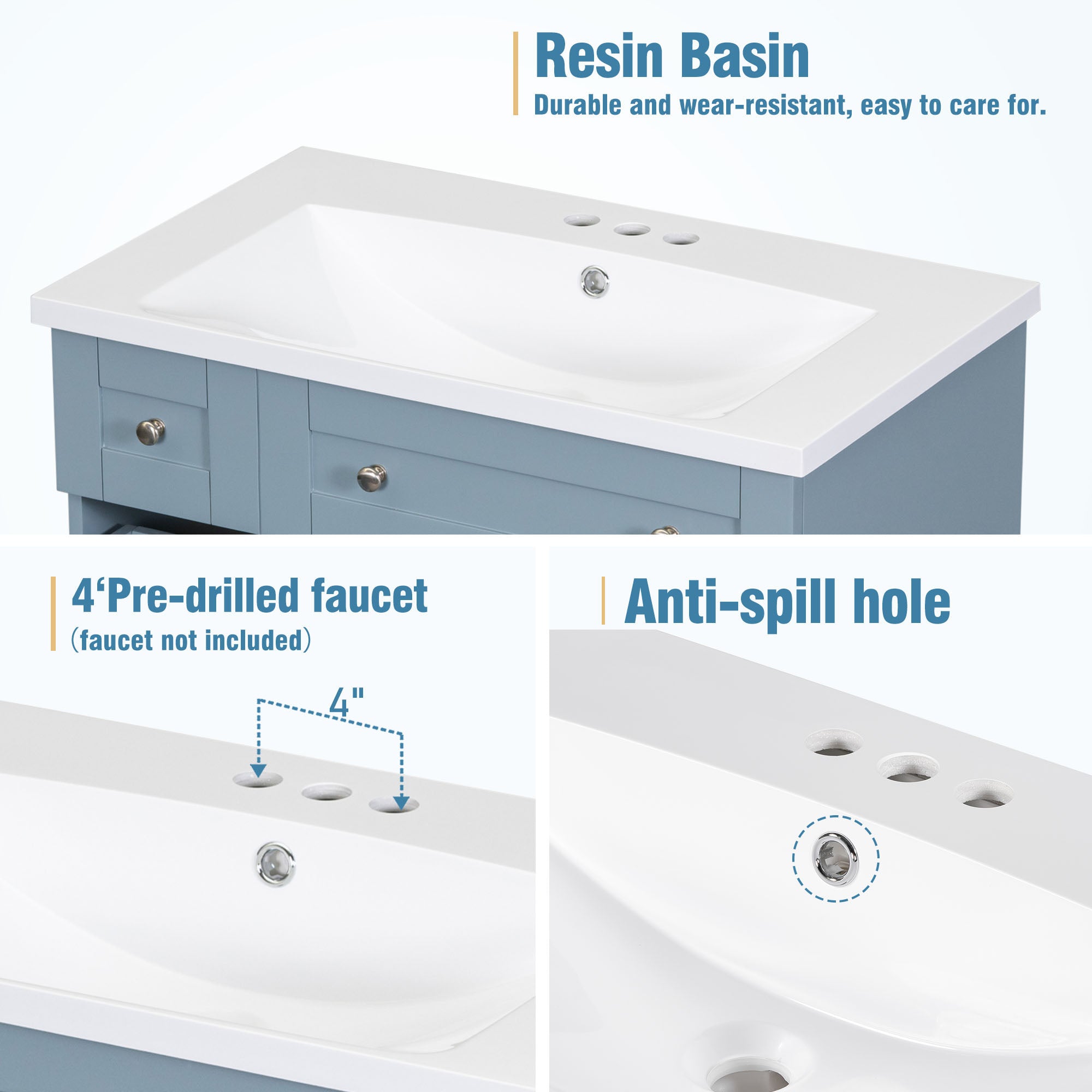 30 Inch MDF Freestanding Bathroom Vanity Set in White/ Grey/ Blue with Integrated Resin Sink