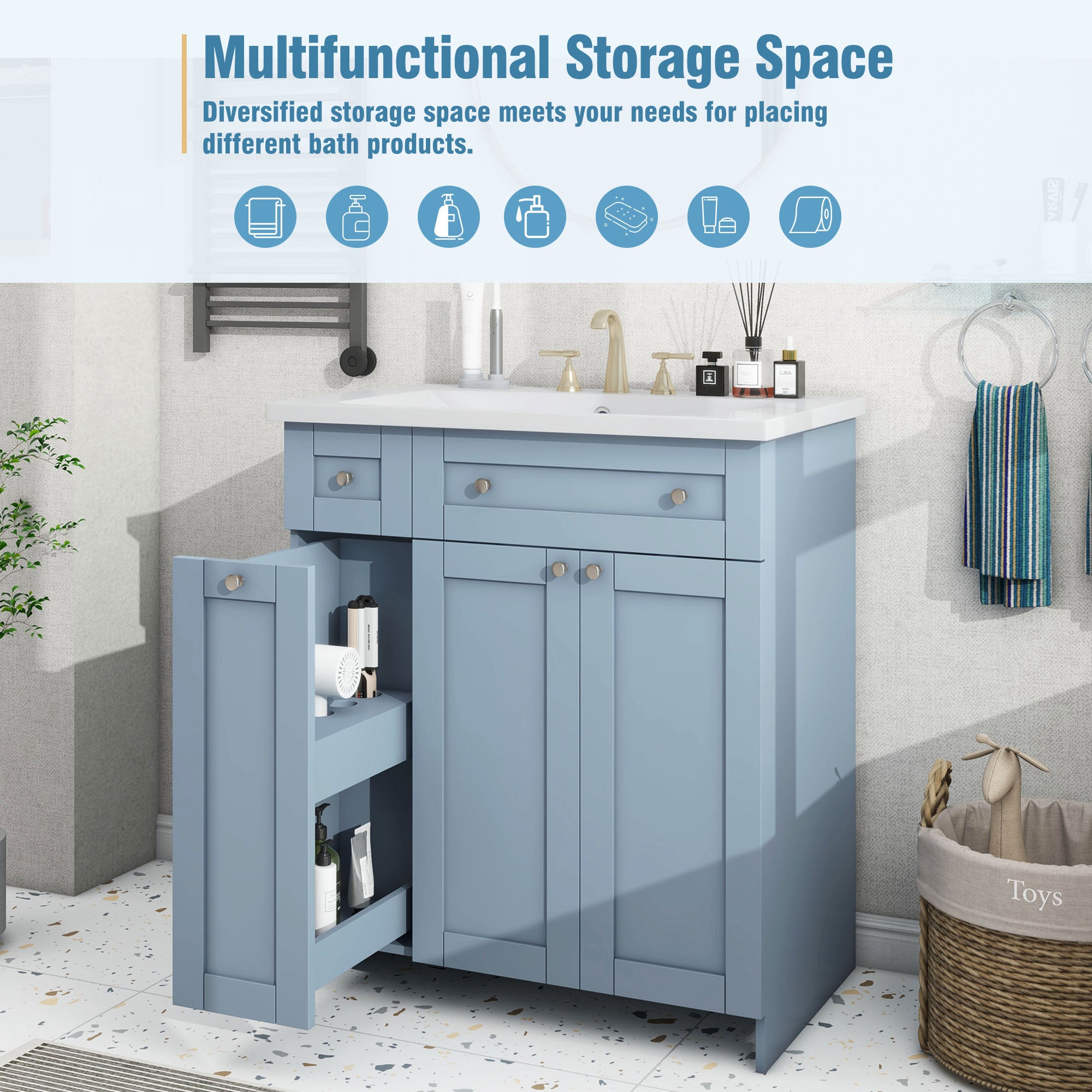 30 Inch MDF Freestanding Bathroom Vanity Set in White/ Grey/ Blue with Integrated Resin Sink