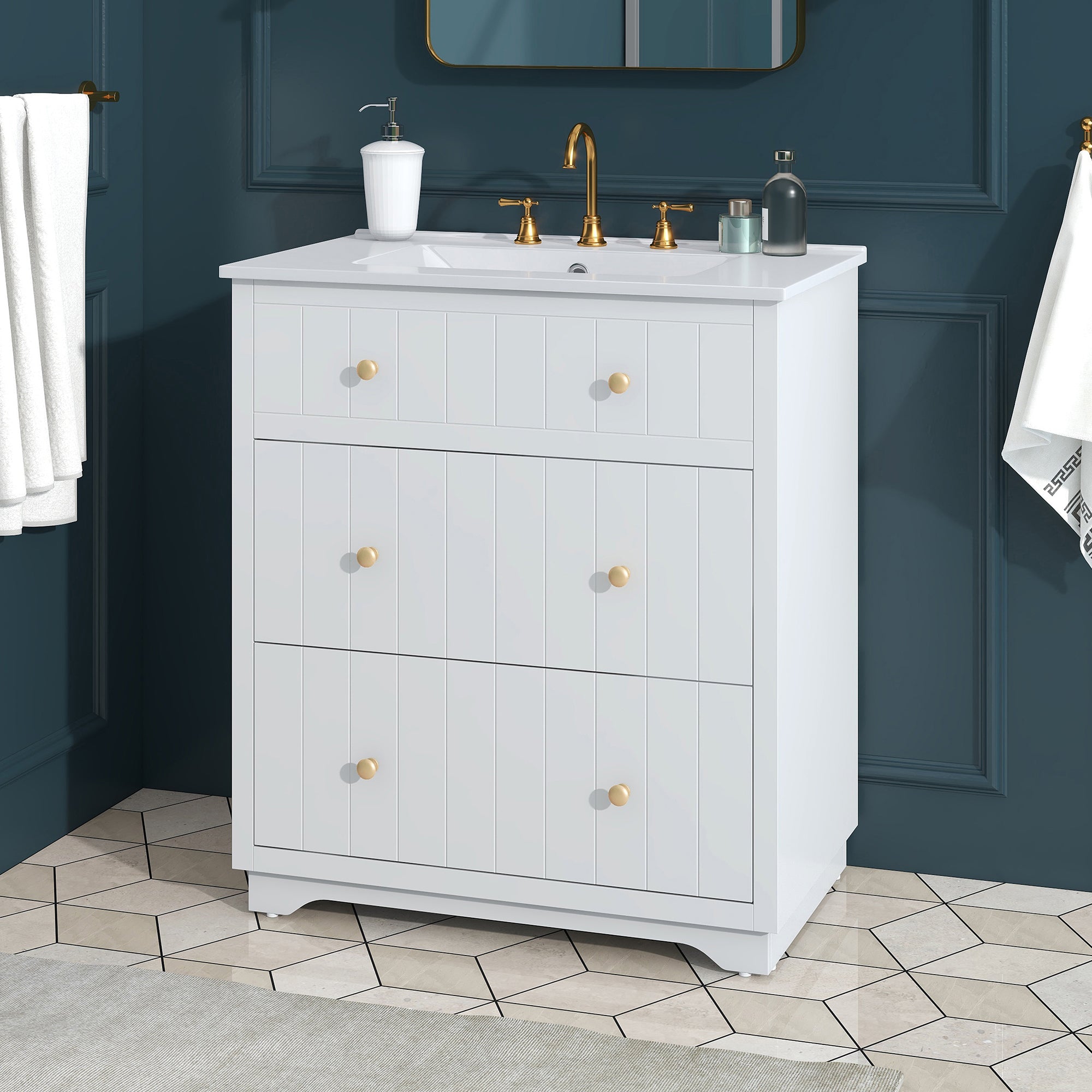 30 Inch Modern MDF Bathroom Vanity in White with Integrated Ceramic Sink and two drawers