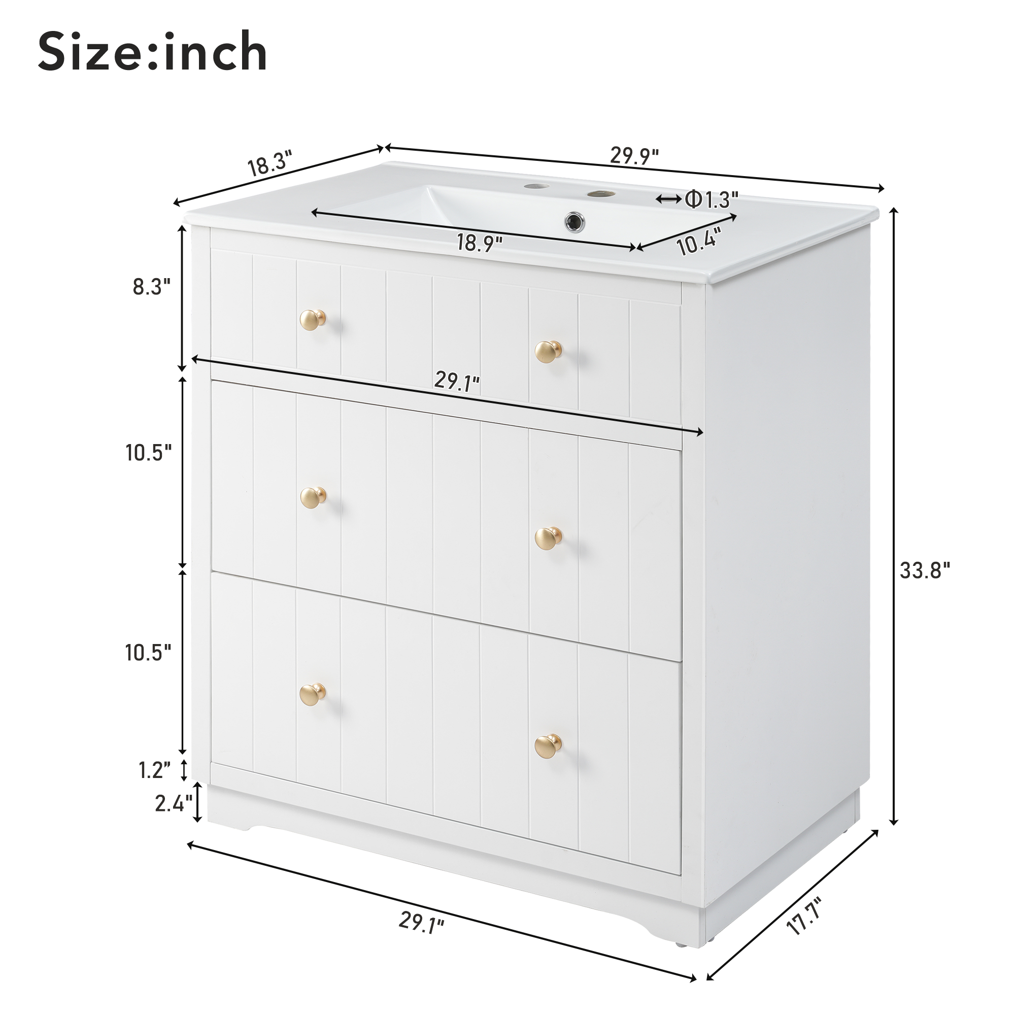 30 Inch Modern MDF Bathroom Vanity in White with Integrated Ceramic Sink and two drawers