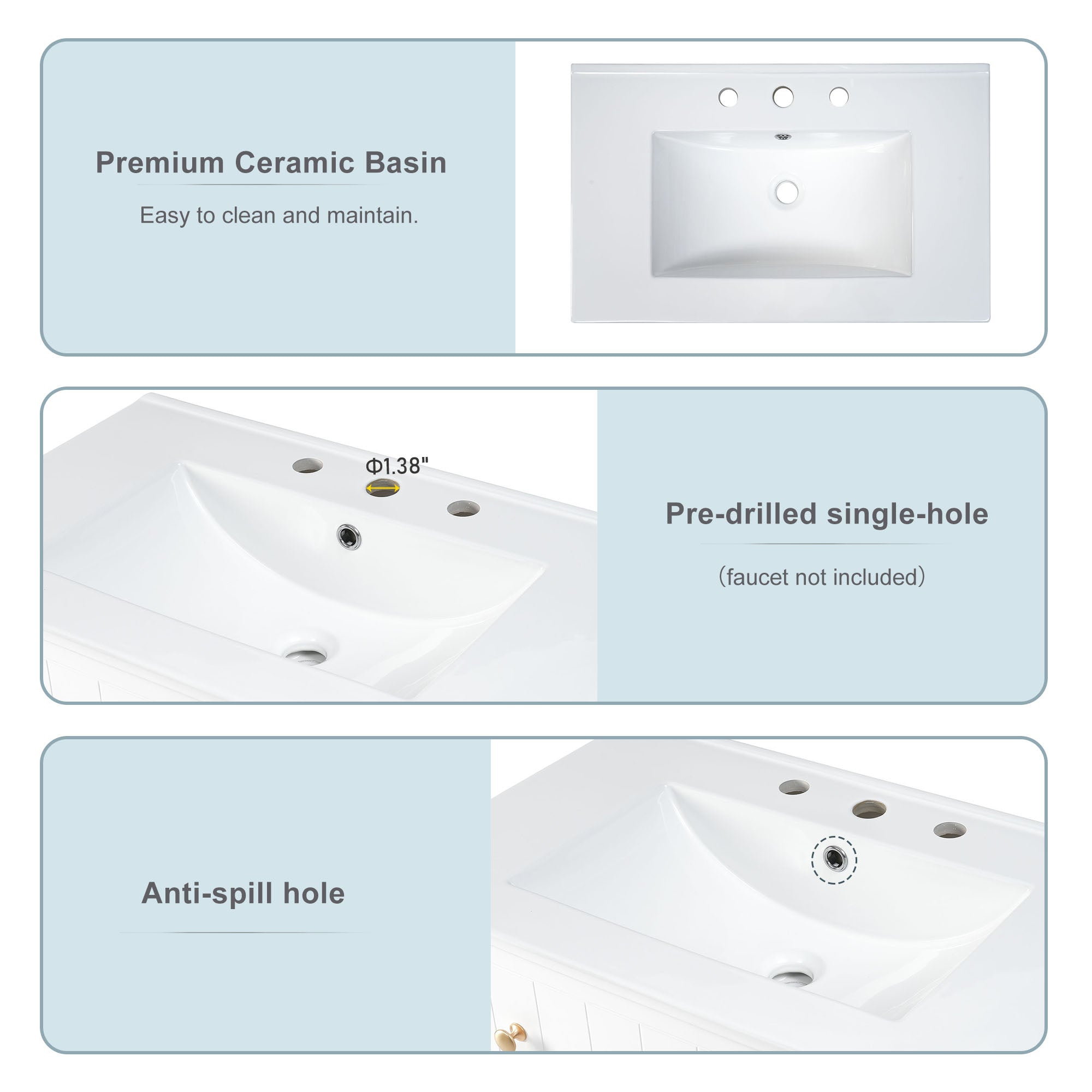 30 Inch Modern MDF Bathroom Vanity in White with Integrated Ceramic Sink and two drawers