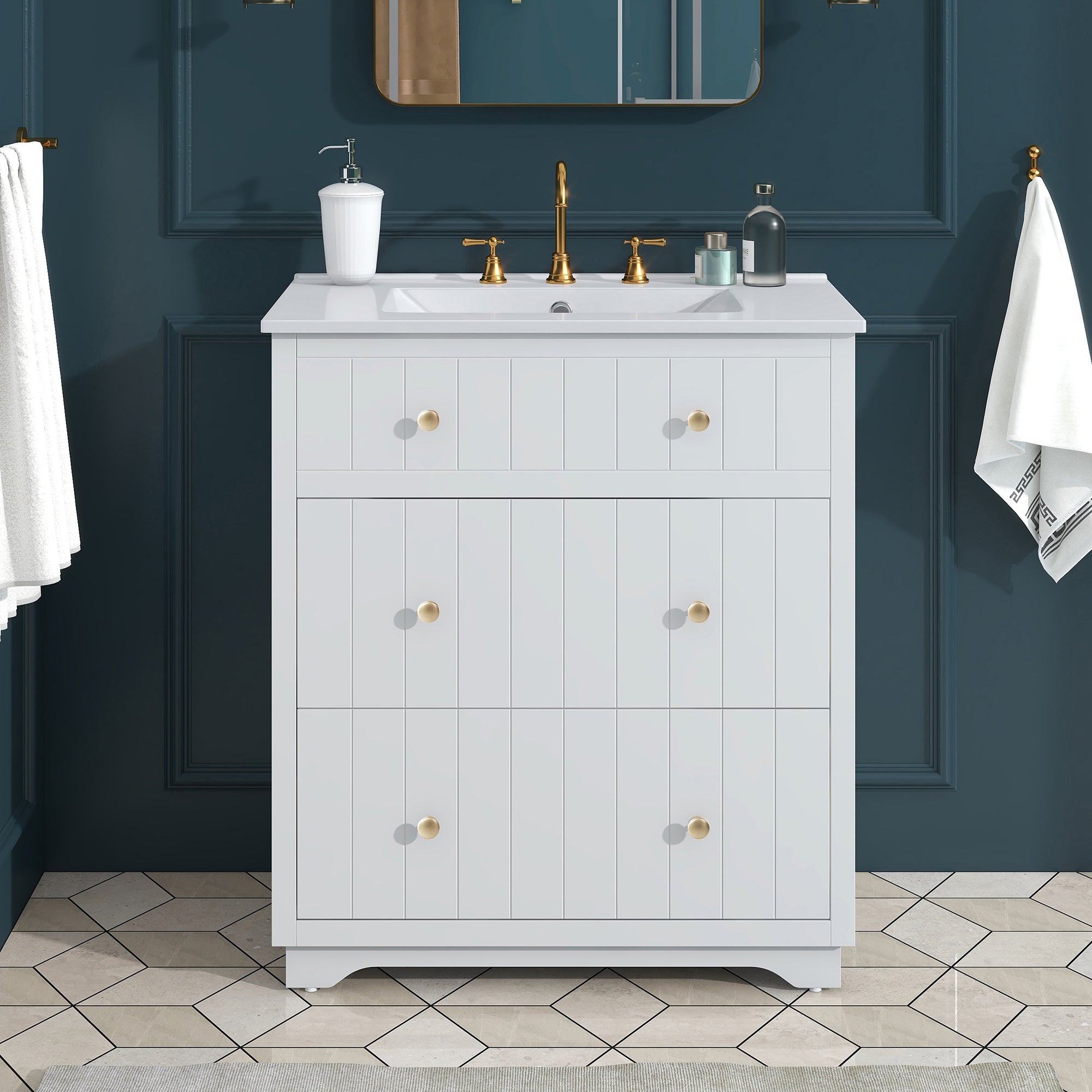 30 Inch Modern MDF Bathroom Vanity in White with Integrated Ceramic Sink and two drawers