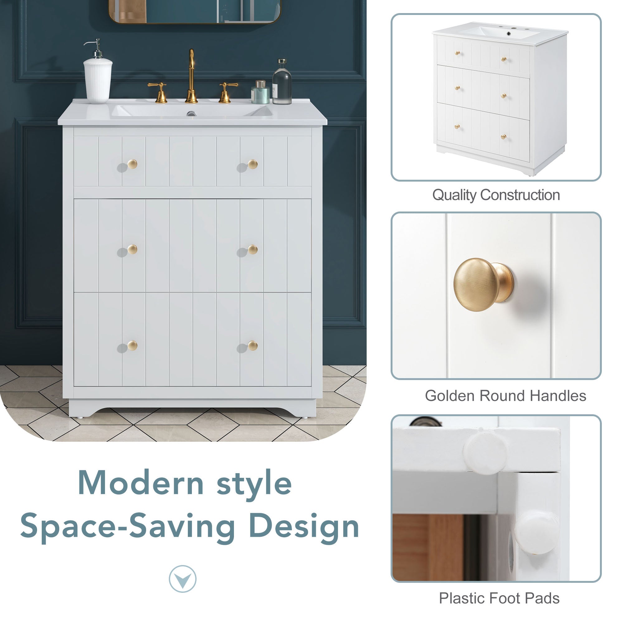 30 Inch Modern MDF Bathroom Vanity in White with Integrated Ceramic Sink and two drawers