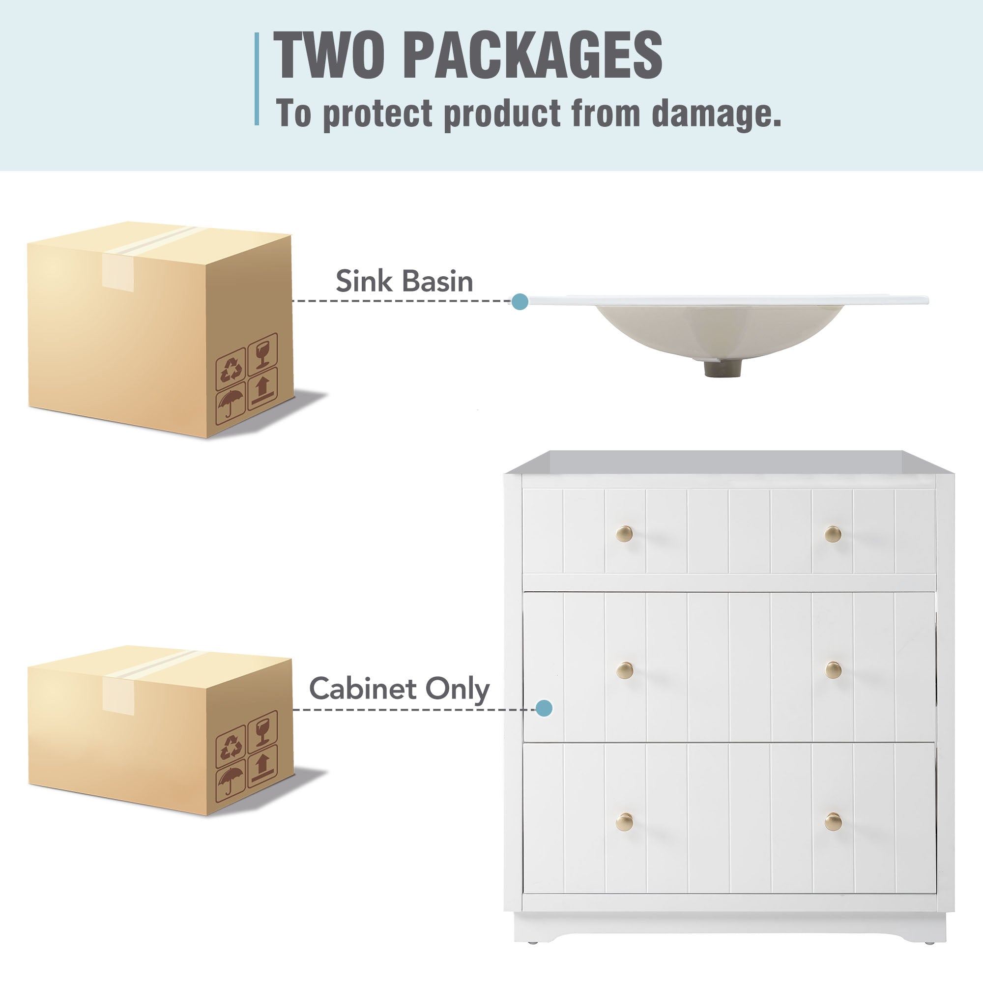 30 Inch Modern MDF Bathroom Vanity in White with Integrated Ceramic Sink and two drawers