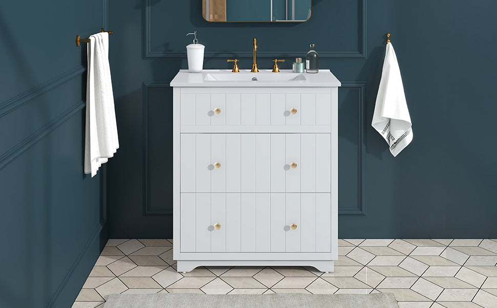 30 Inch Modern MDF Bathroom Vanity in White with Integrated Ceramic Sink and two drawers