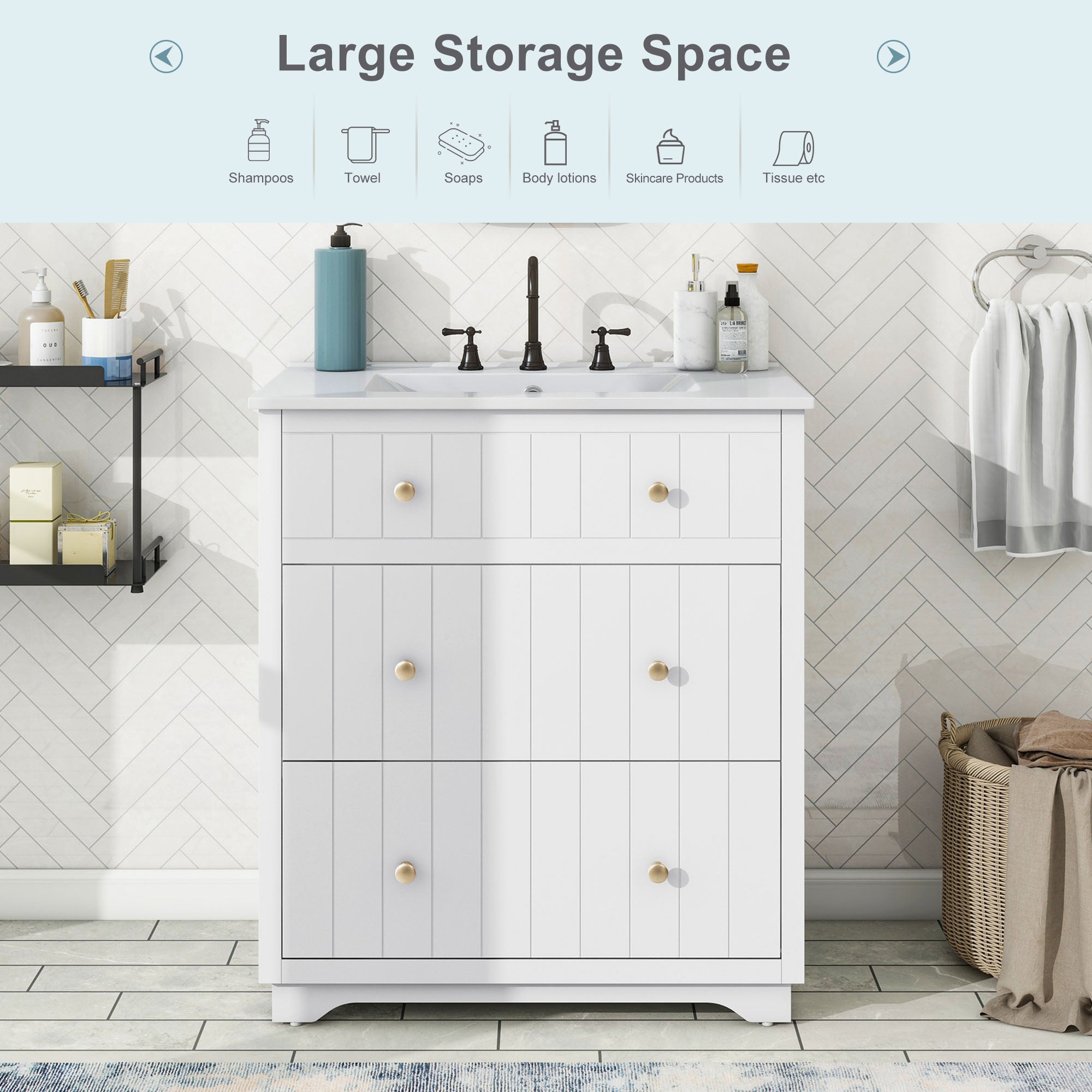 30 Inch Modern MDF Bathroom Vanity in White with Integrated Ceramic Sink and two drawers