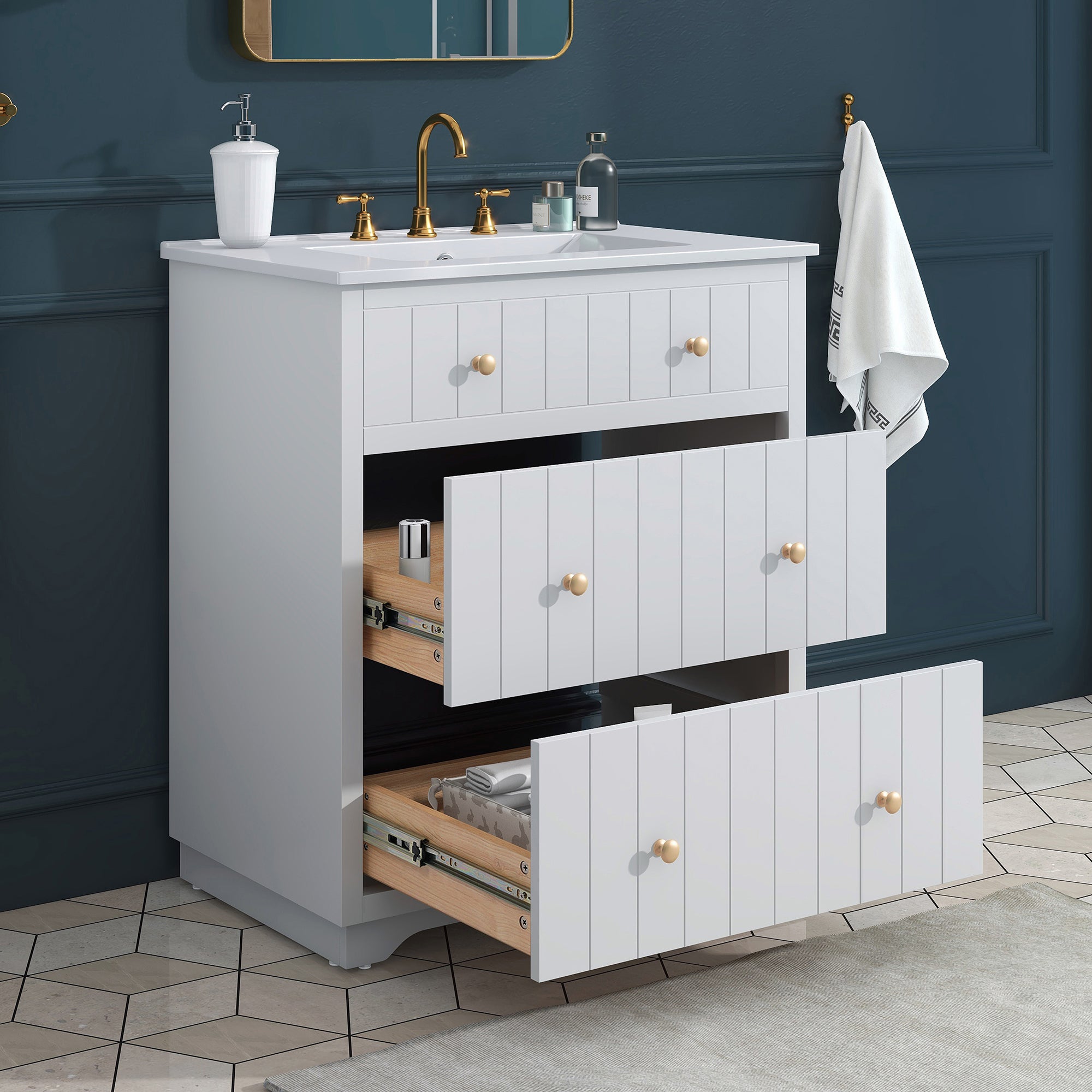 30 Inch Modern MDF Bathroom Vanity in White with Integrated Ceramic Sink and two drawers