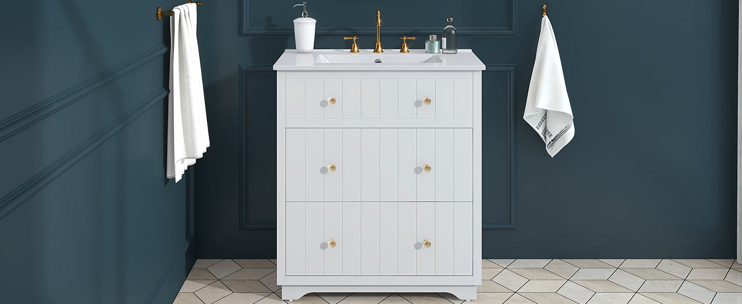 30 Inch Modern MDF Bathroom Vanity in White with Integrated Ceramic Sink and two drawers
