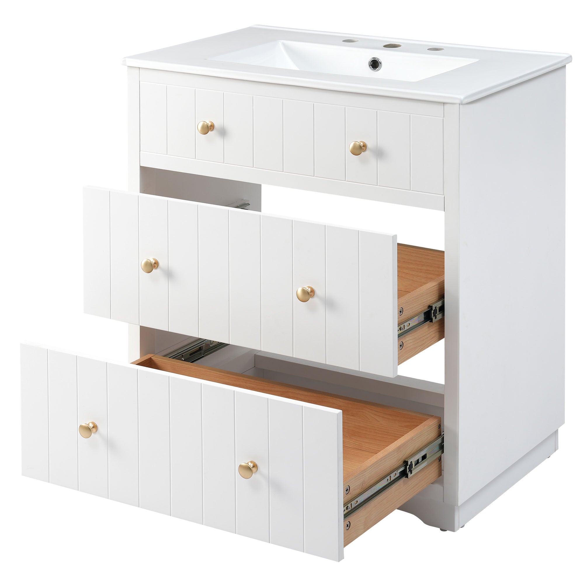 30 Inch Modern MDF Bathroom Vanity in White with Integrated Ceramic Sink and two drawers