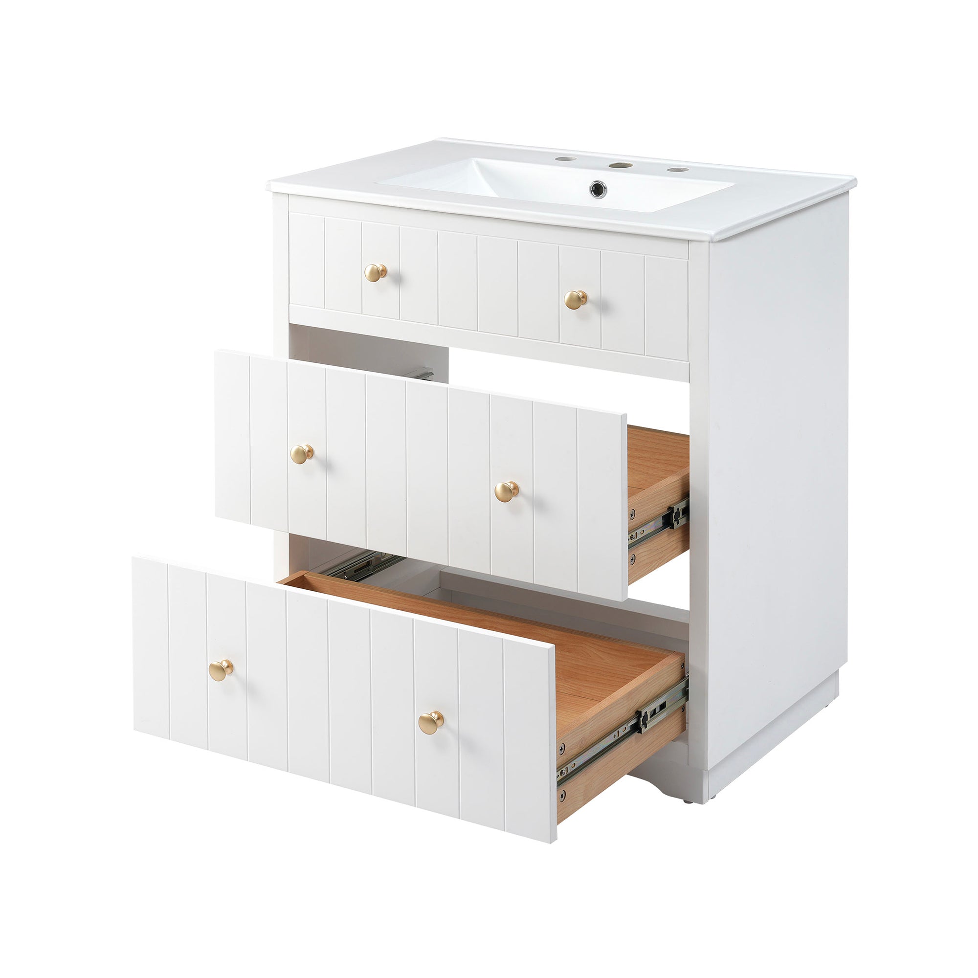 30 Inch Modern MDF Bathroom Vanity in White with Integrated Ceramic Sink and two drawers