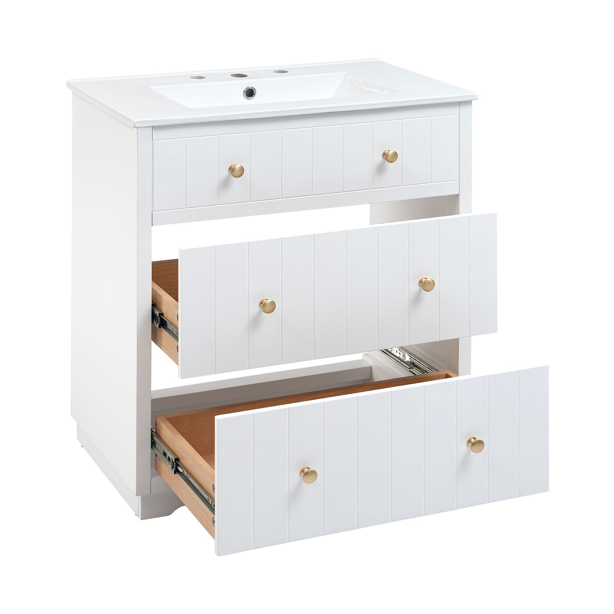 30 Inch Modern MDF Bathroom Vanity in White with Integrated Ceramic Sink and two drawers