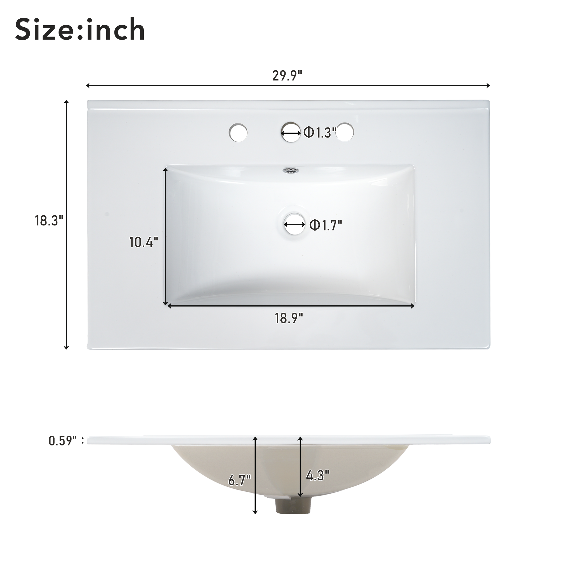 30 Inch Modern MDF Bathroom Vanity in White with Integrated Ceramic Sink and two drawers