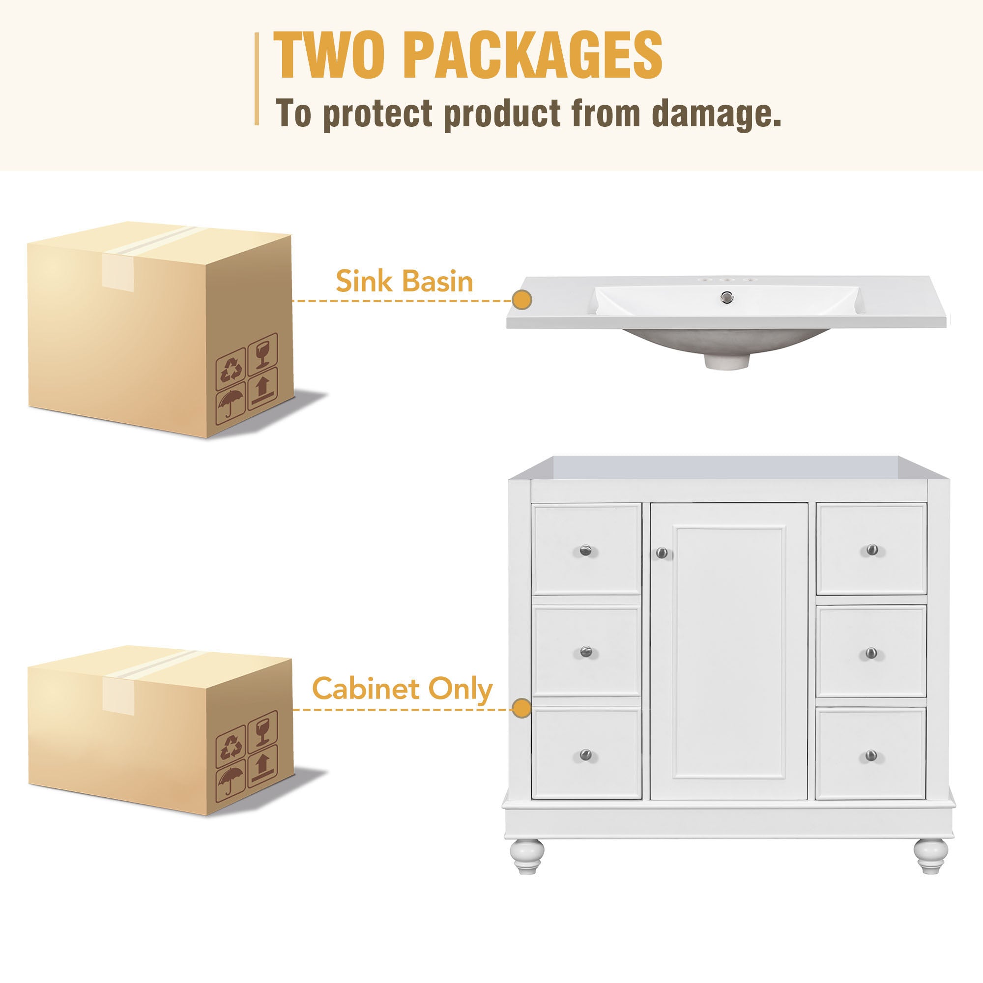 36 Inch Solid Wood Frame Freestanding Bathroom Vanity Set with Adjustable Shelf