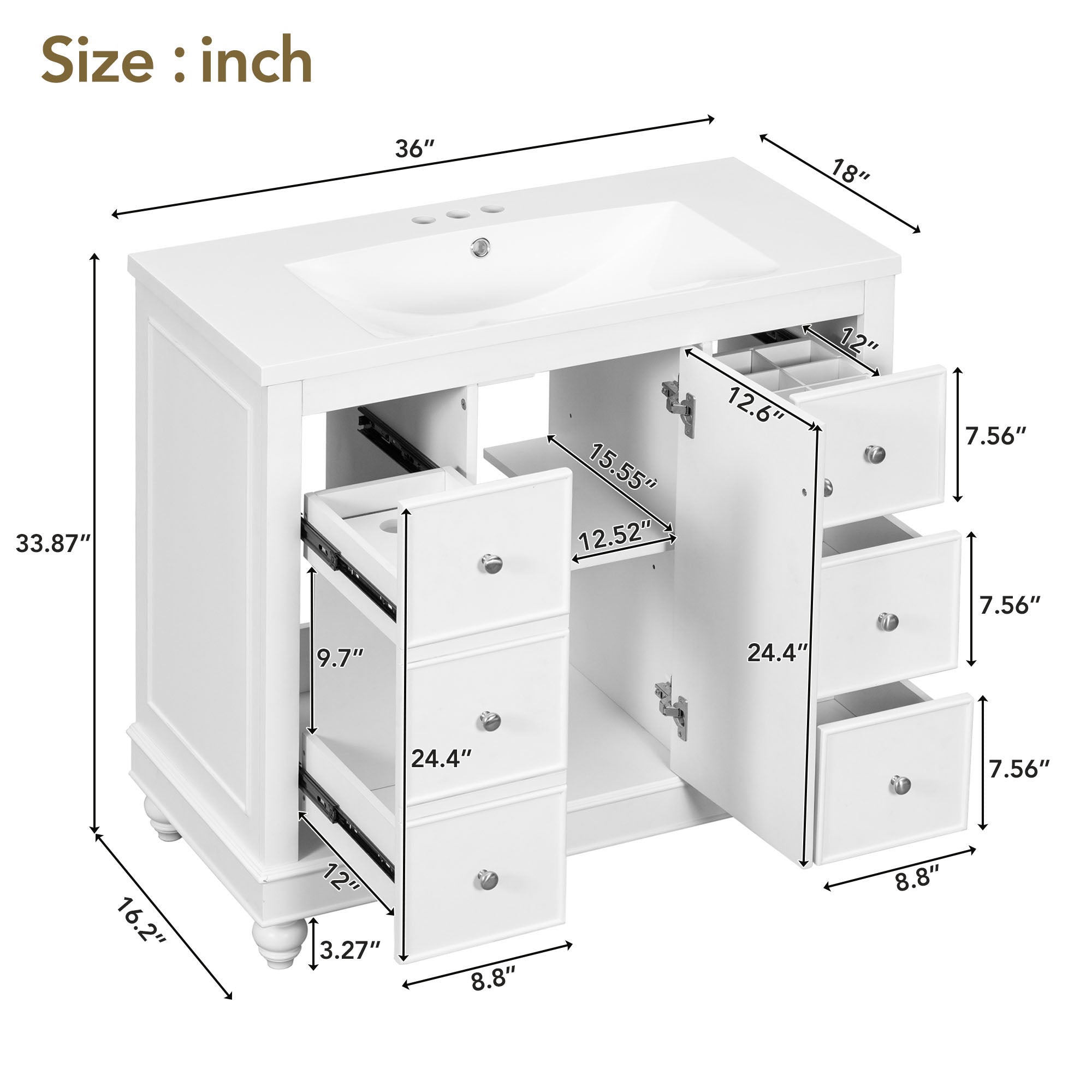 36 Inch Solid Wood Frame Freestanding Bathroom Vanity Set with Adjustable Shelf