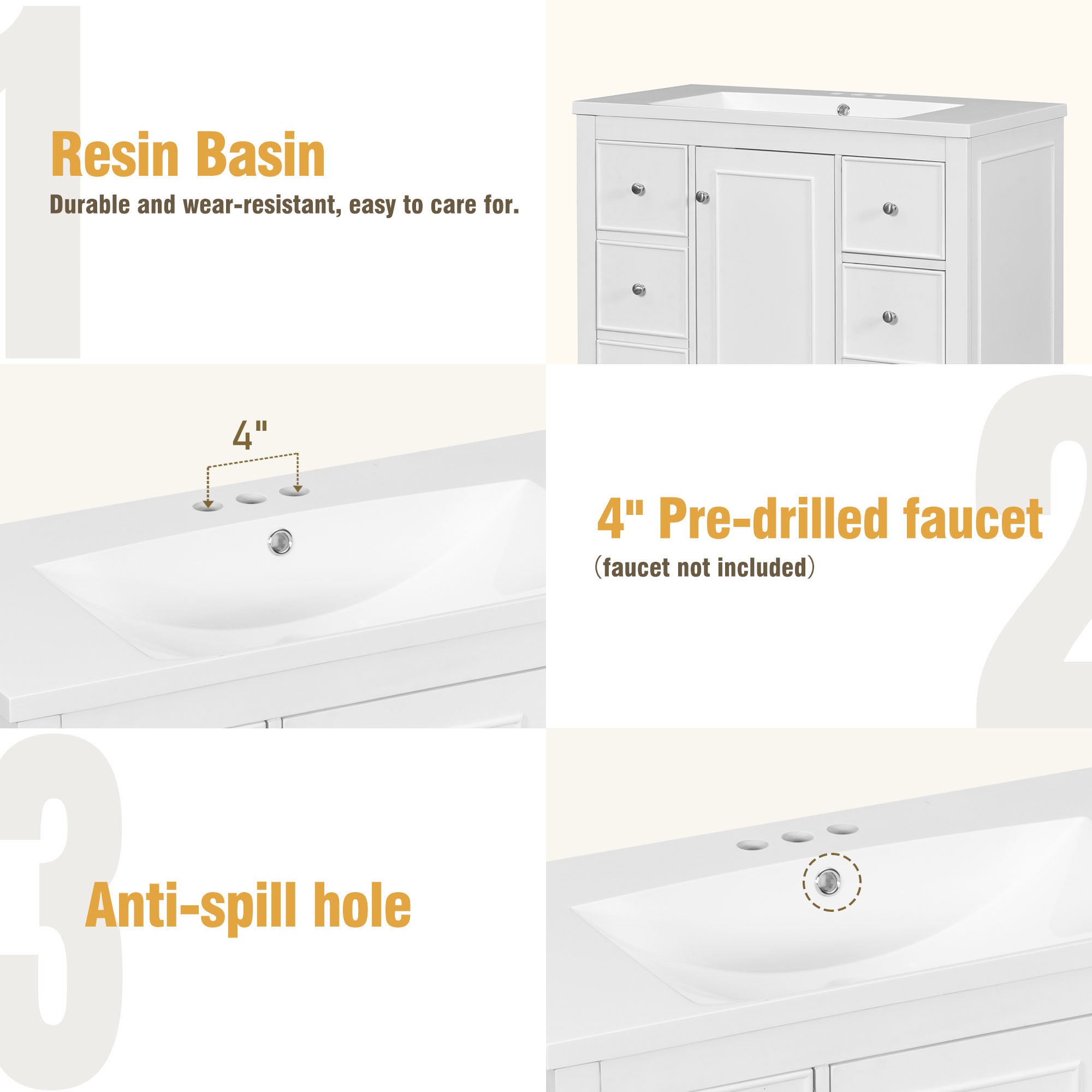 36 Inch Solid Wood Frame Freestanding Bathroom Vanity Set with Adjustable Shelf