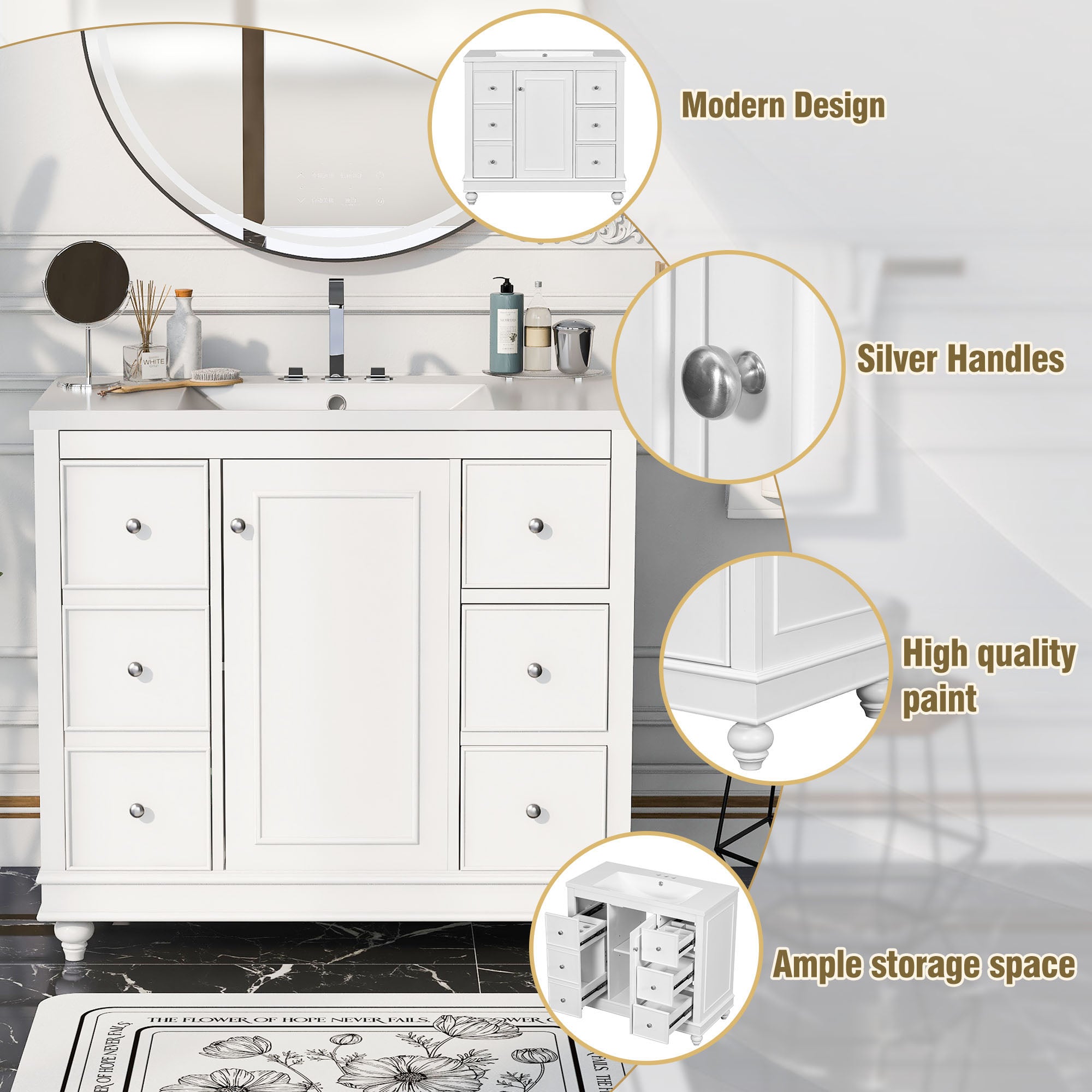 36 Inch Solid Wood Frame Freestanding Bathroom Vanity Set with Adjustable Shelf