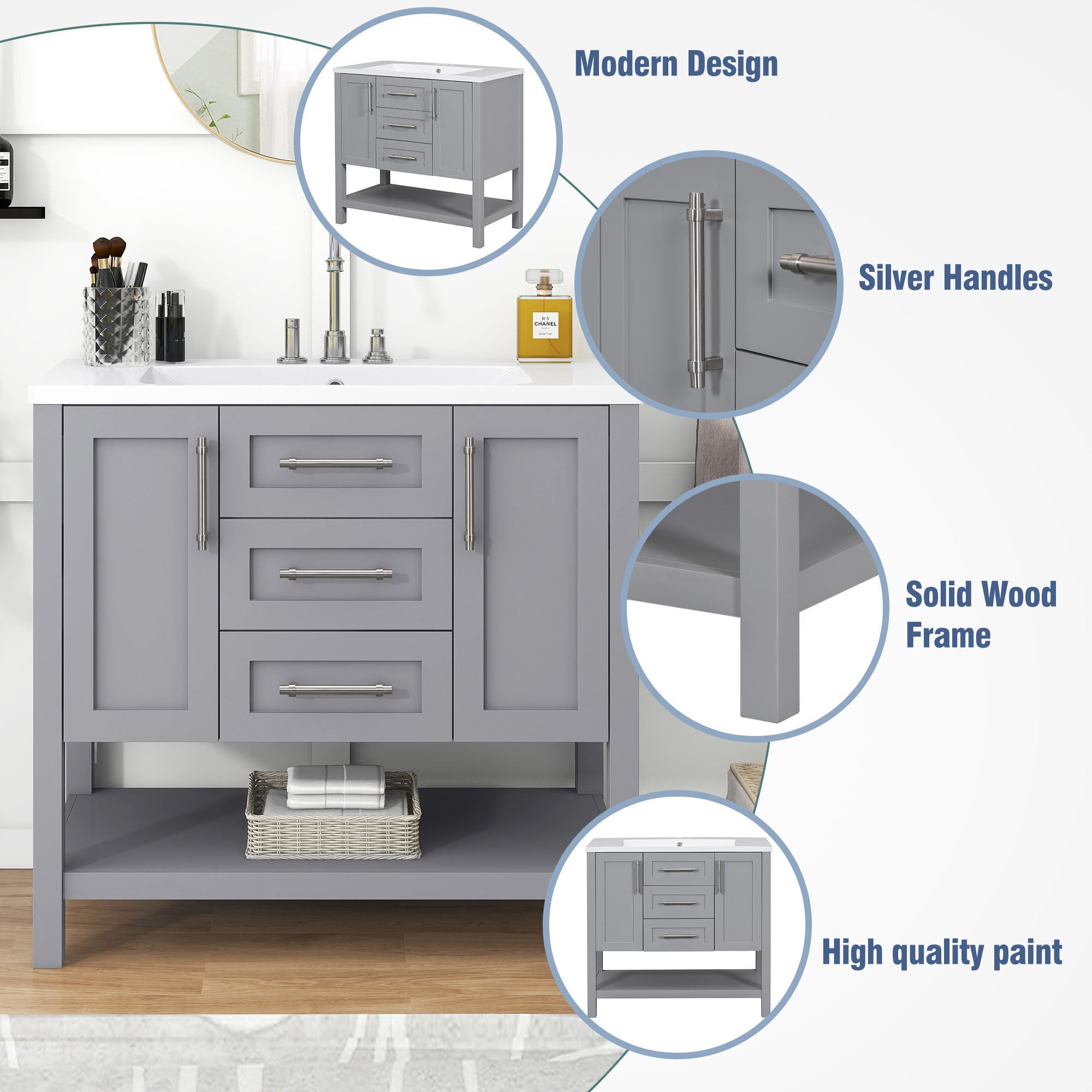 36 inch Freestanding Bathroom Vanity Set in Grey with Integrated  Resin Sink