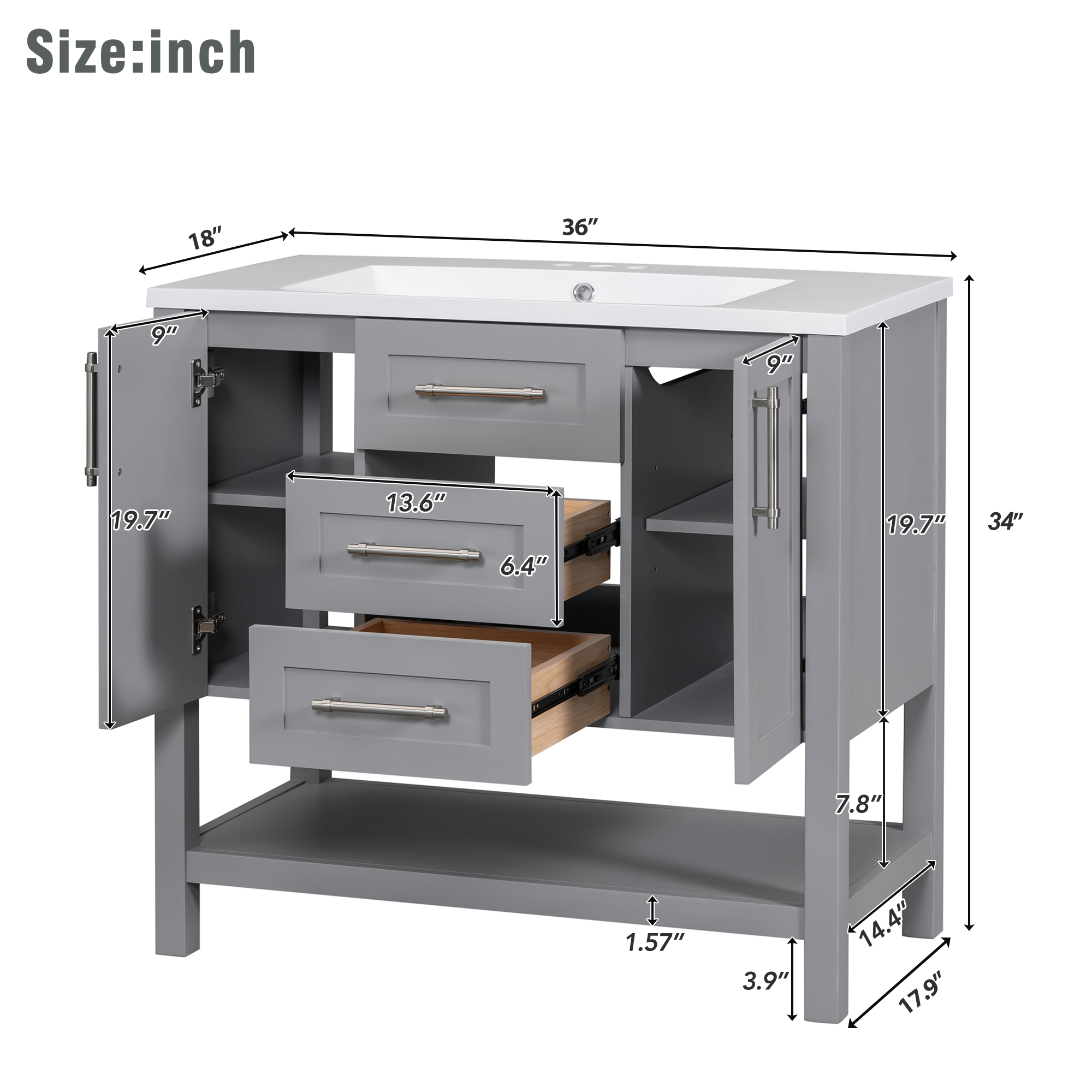 36 inch Freestanding Bathroom Vanity Set in Grey with Integrated  Resin Sink