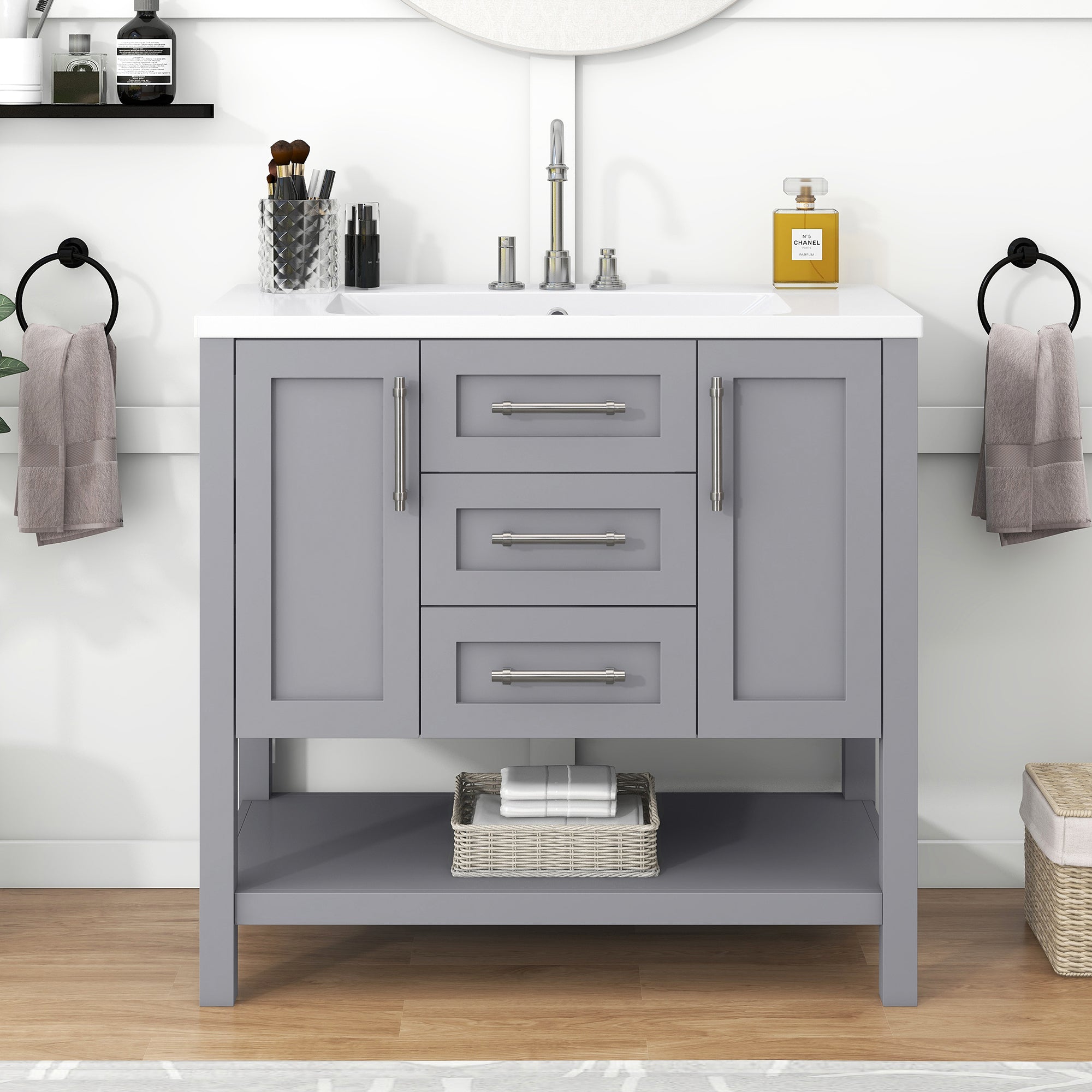 36 inch Freestanding Bathroom Vanity Set in Grey with Integrated  Resin Sink