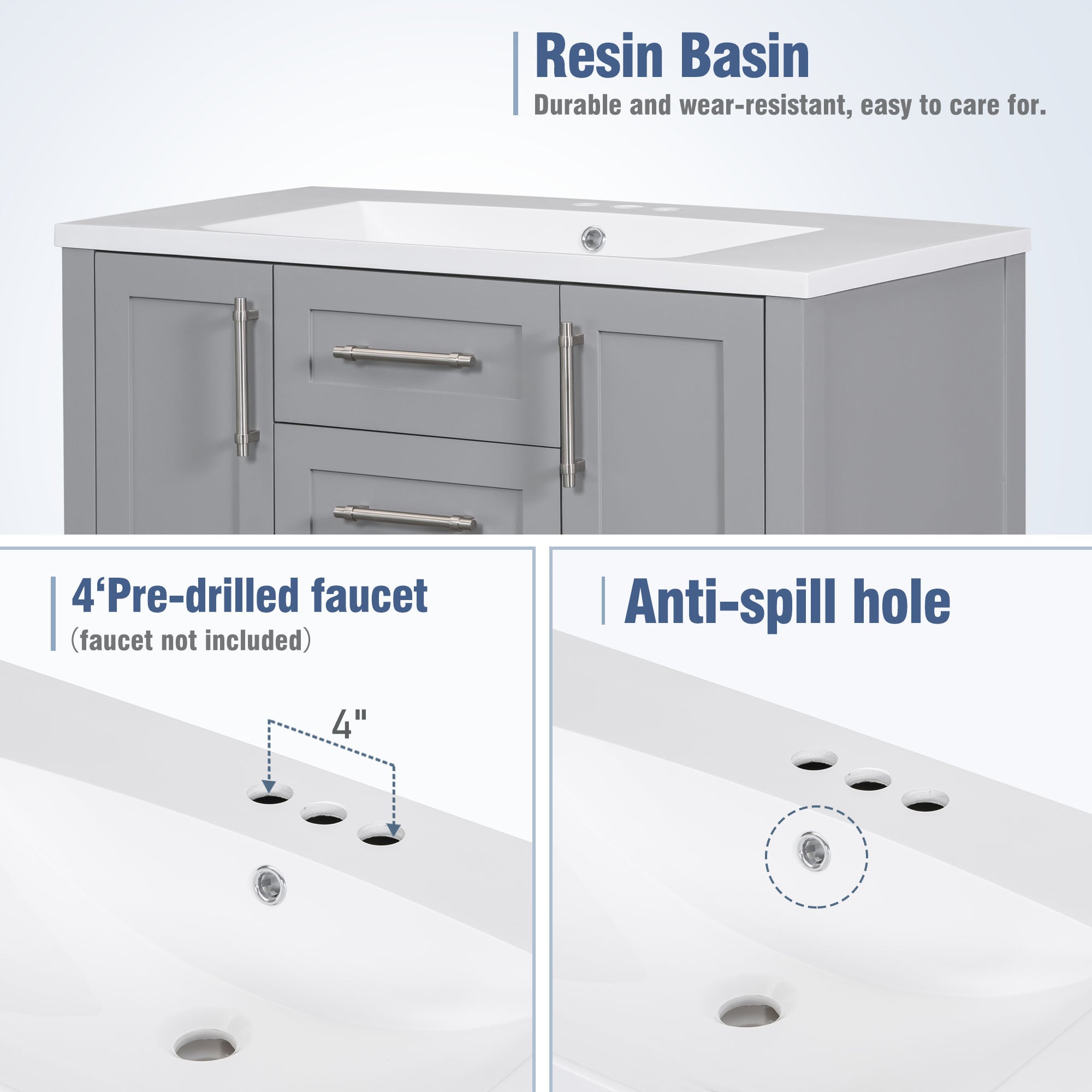 36 inch Freestanding Bathroom Vanity Set in Grey with Integrated  Resin Sink