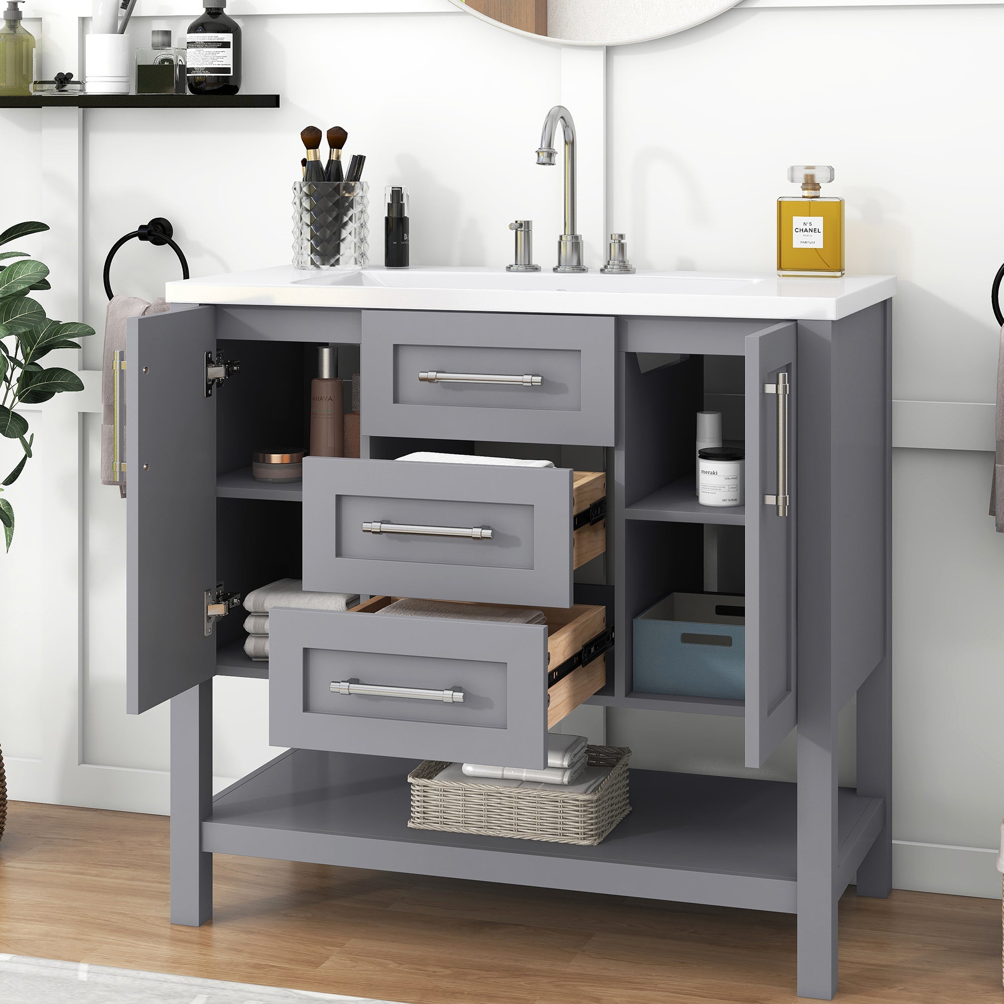 36 inch Freestanding Bathroom Vanity Set in Grey with Integrated  Resin Sink