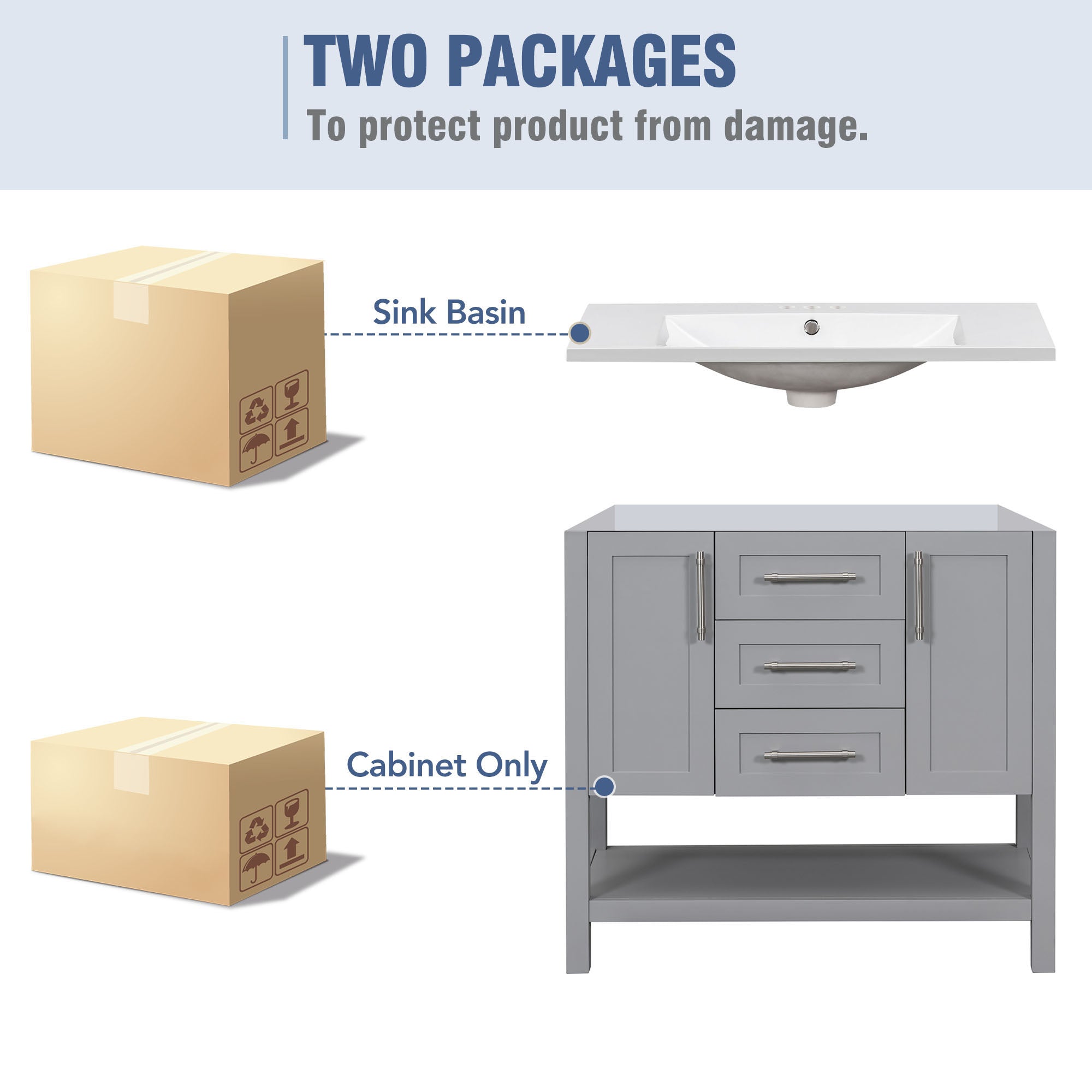 36 inch Freestanding Bathroom Vanity Set in Grey with Integrated  Resin Sink