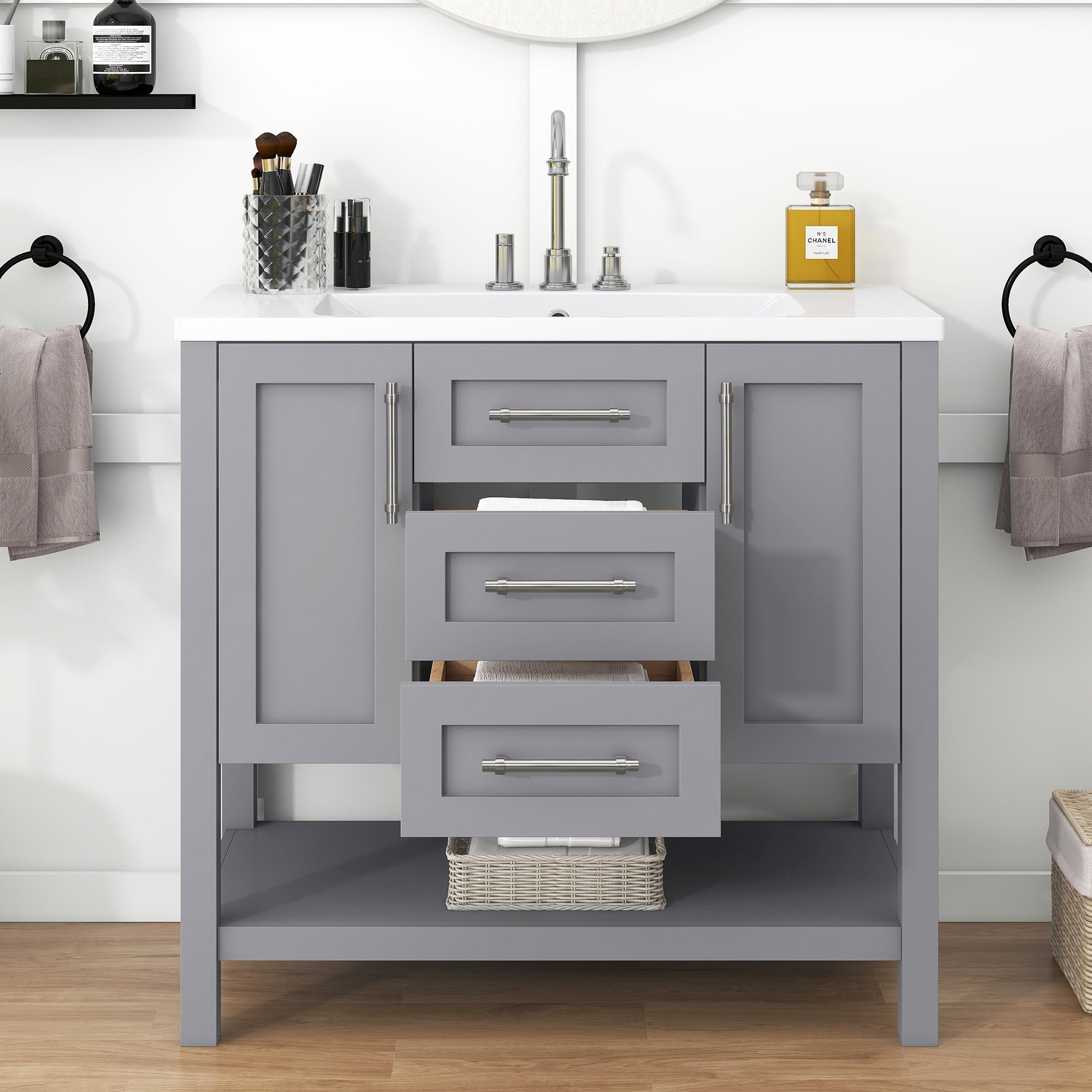 36 inch Freestanding Bathroom Vanity Set in Grey with Integrated  Resin Sink