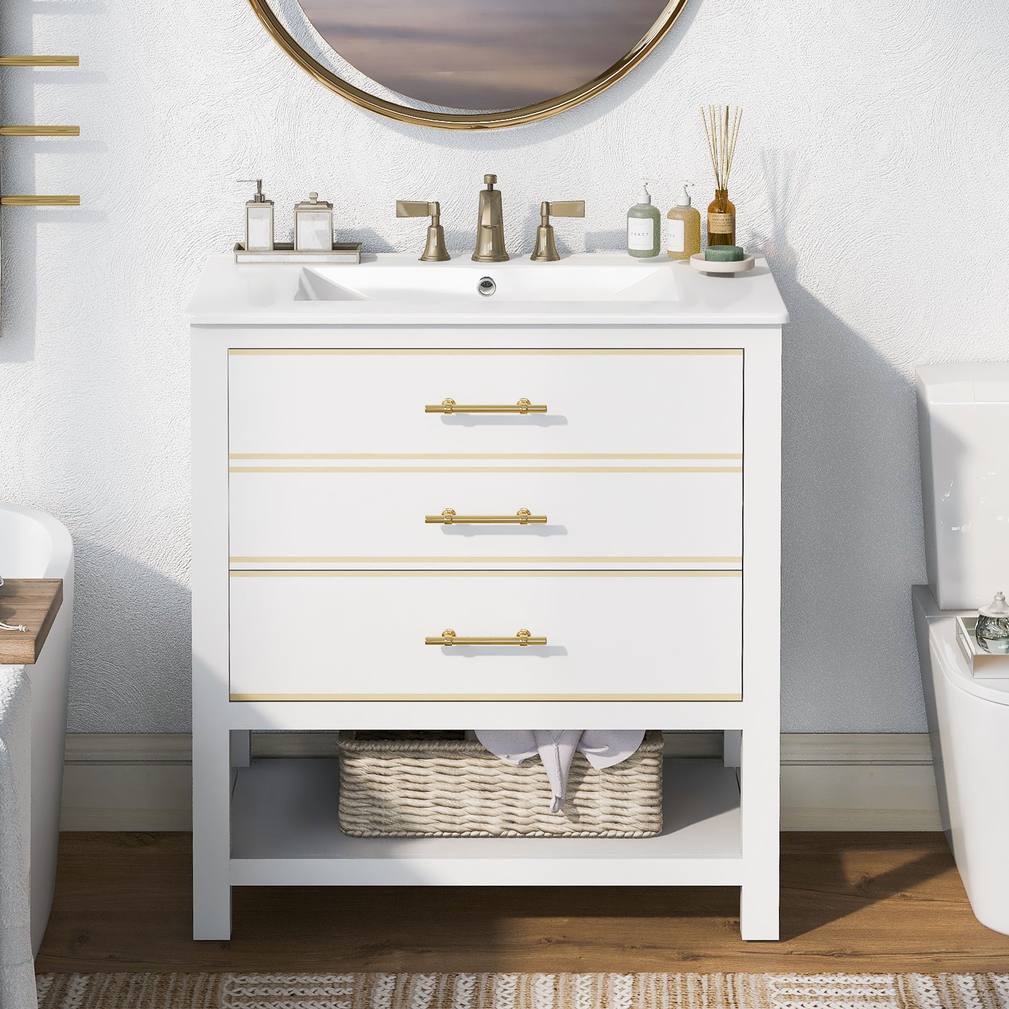 30 inch Freestanding Bathroom Vanity Set in White with Integrated Ceramic Sink