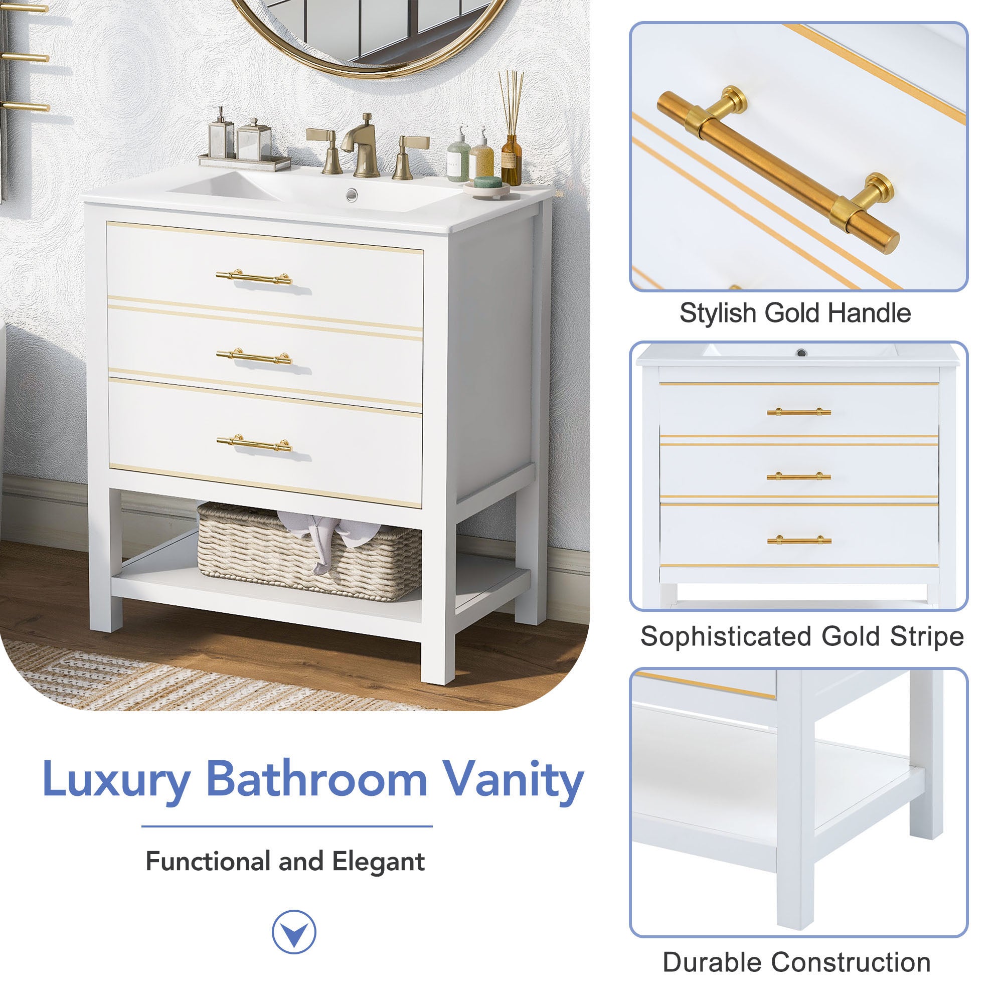 30 inch Freestanding Bathroom Vanity Set in White with Integrated Ceramic Sink