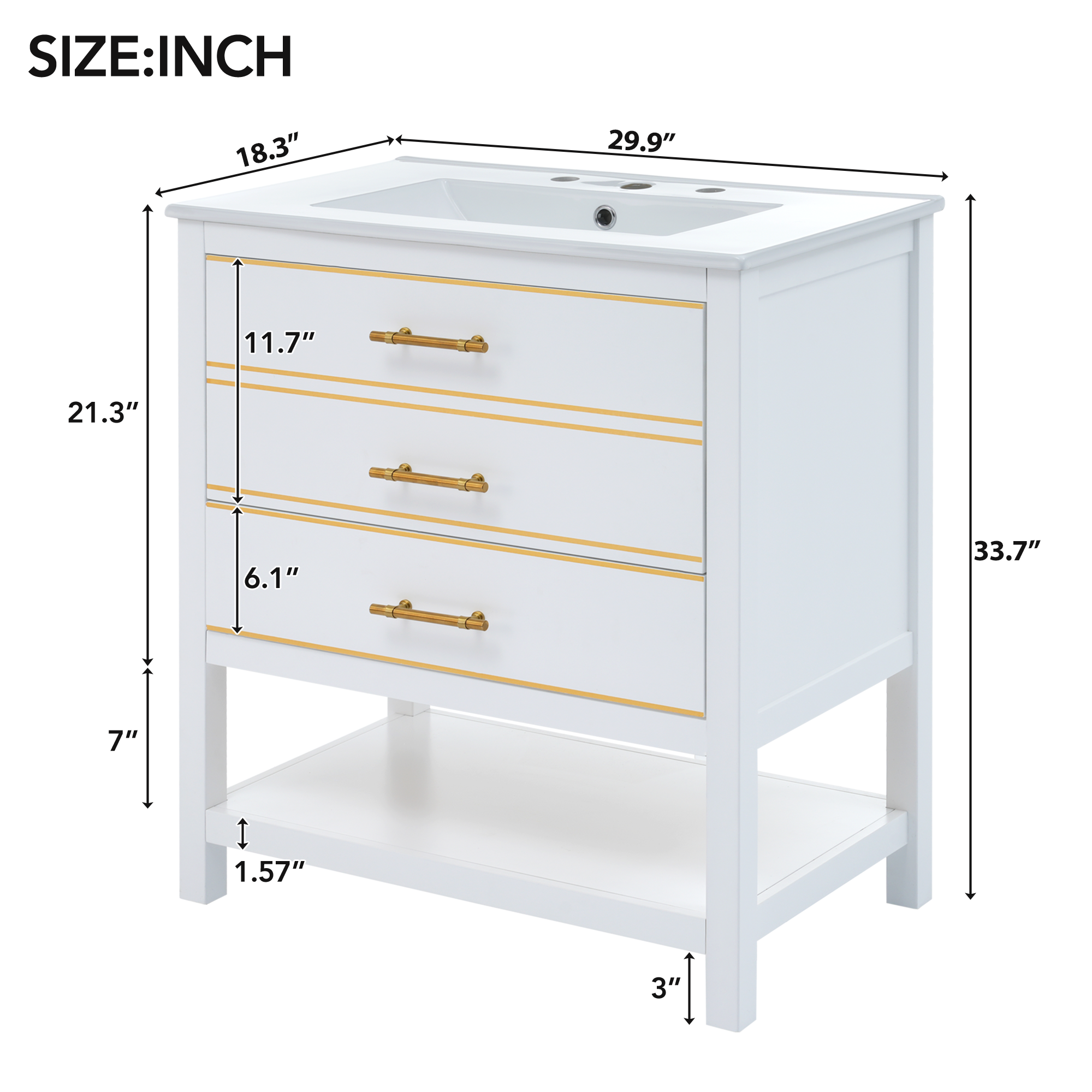 30 inch Freestanding Bathroom Vanity Set in White with Integrated Ceramic Sink