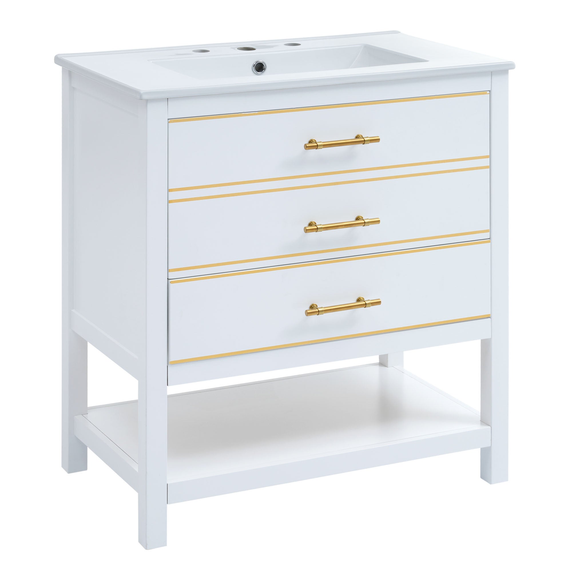 30 inch Freestanding Bathroom Vanity Set in White with Integrated Ceramic Sink