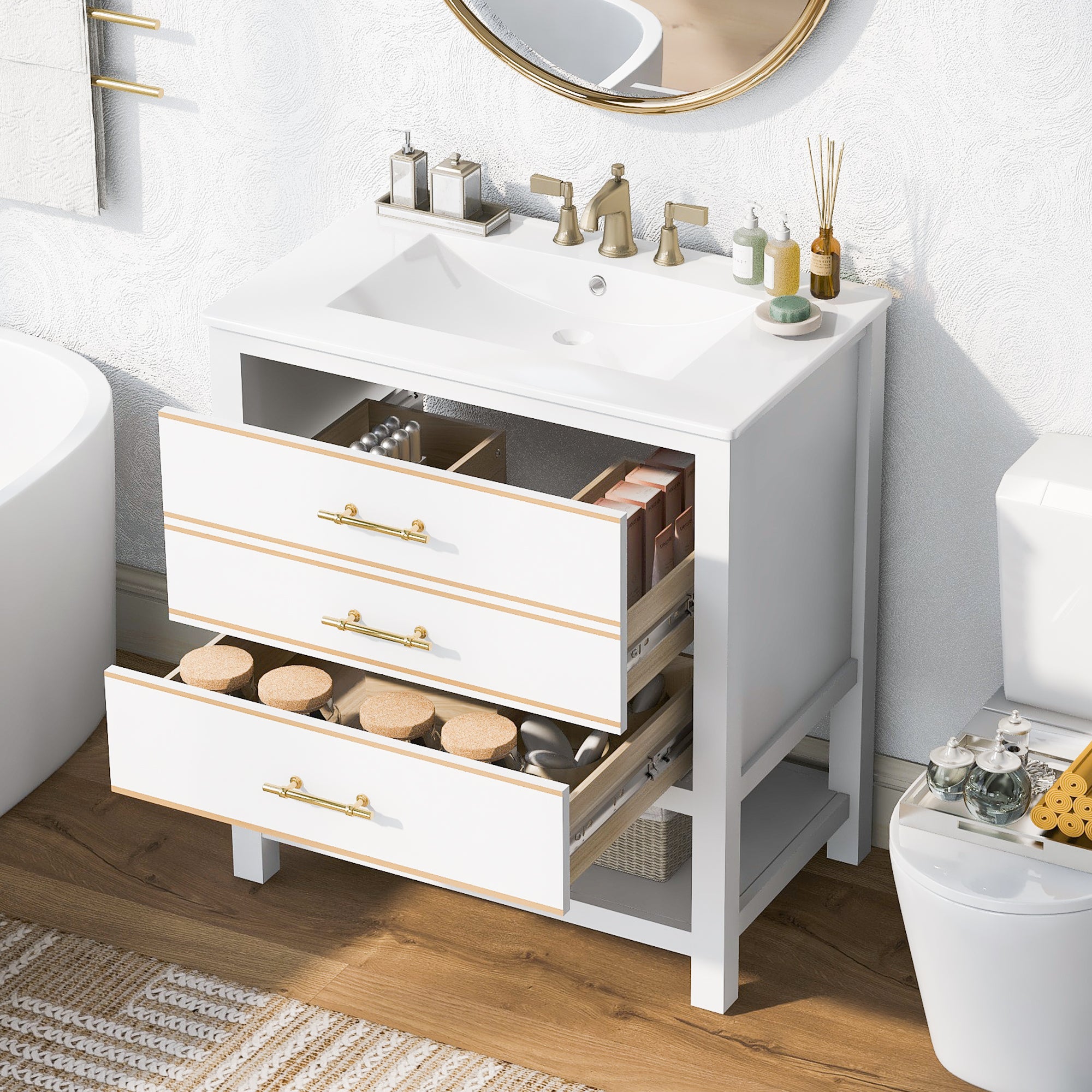 30 inch Freestanding Bathroom Vanity Set in White with Integrated Ceramic Sink