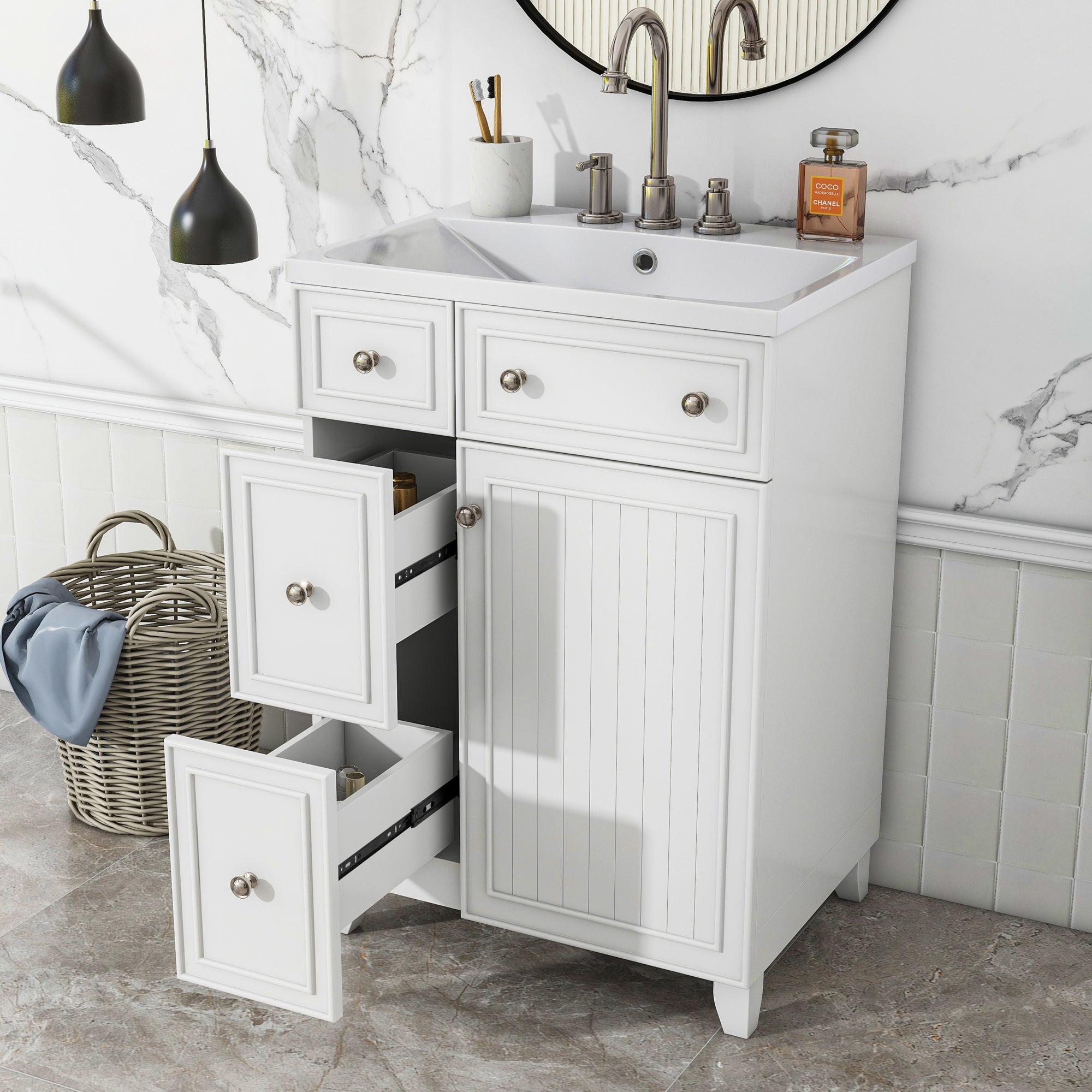24 inch Freestanding Bathroom Vanity Set in White with Integrated Resin Sink