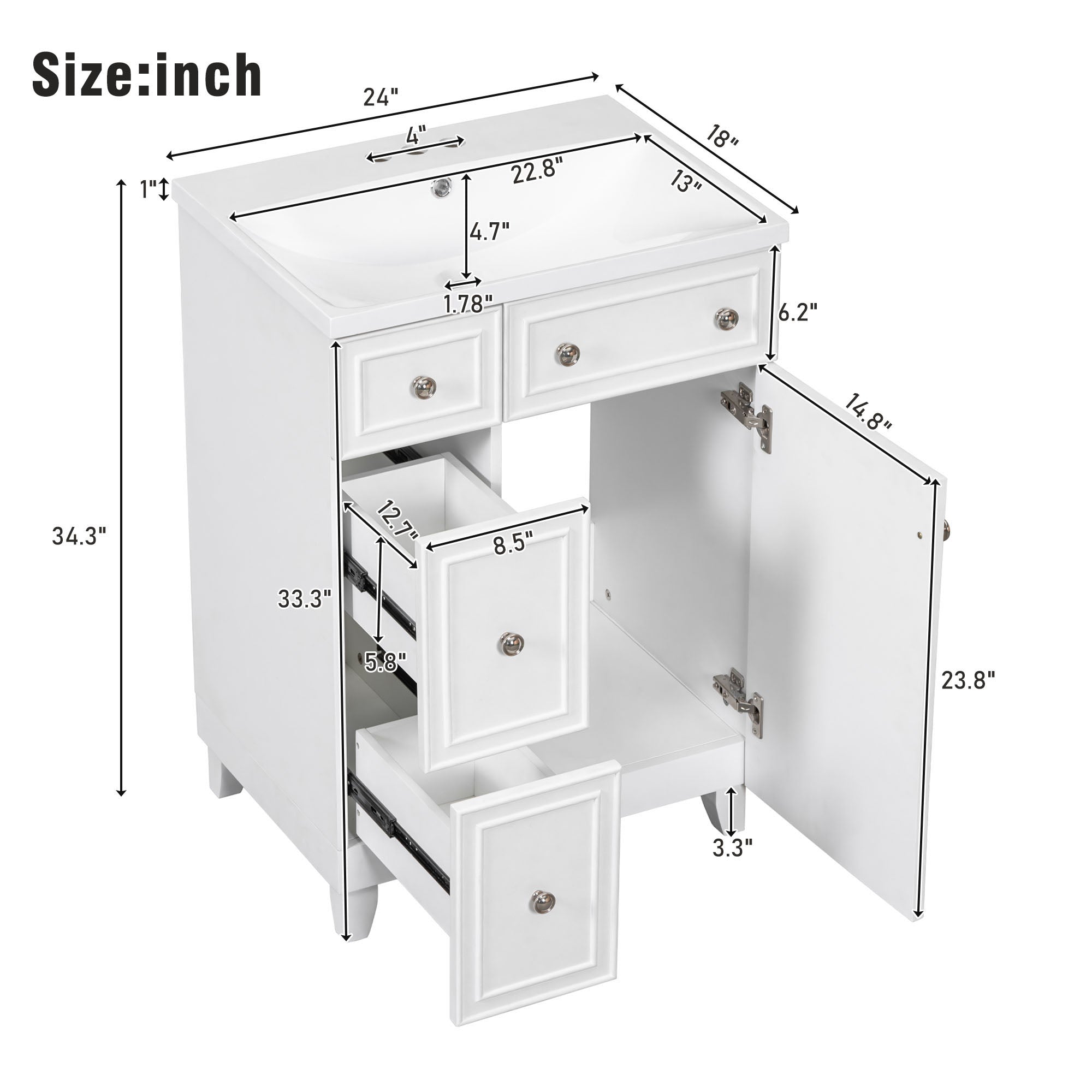 24 inch Freestanding Bathroom Vanity Set in White with Integrated Resin Sink