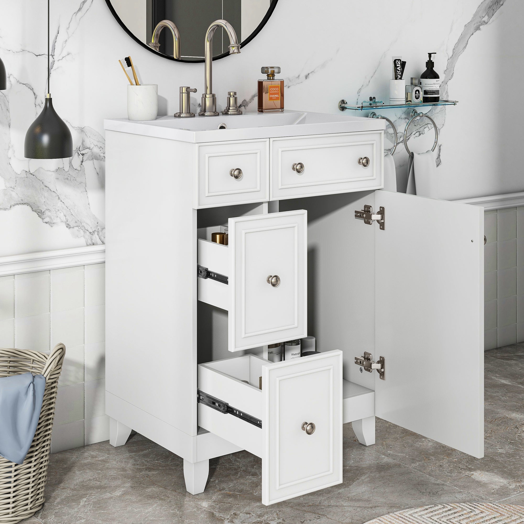 24 inch Freestanding Bathroom Vanity Set in White with Integrated Resin Sink