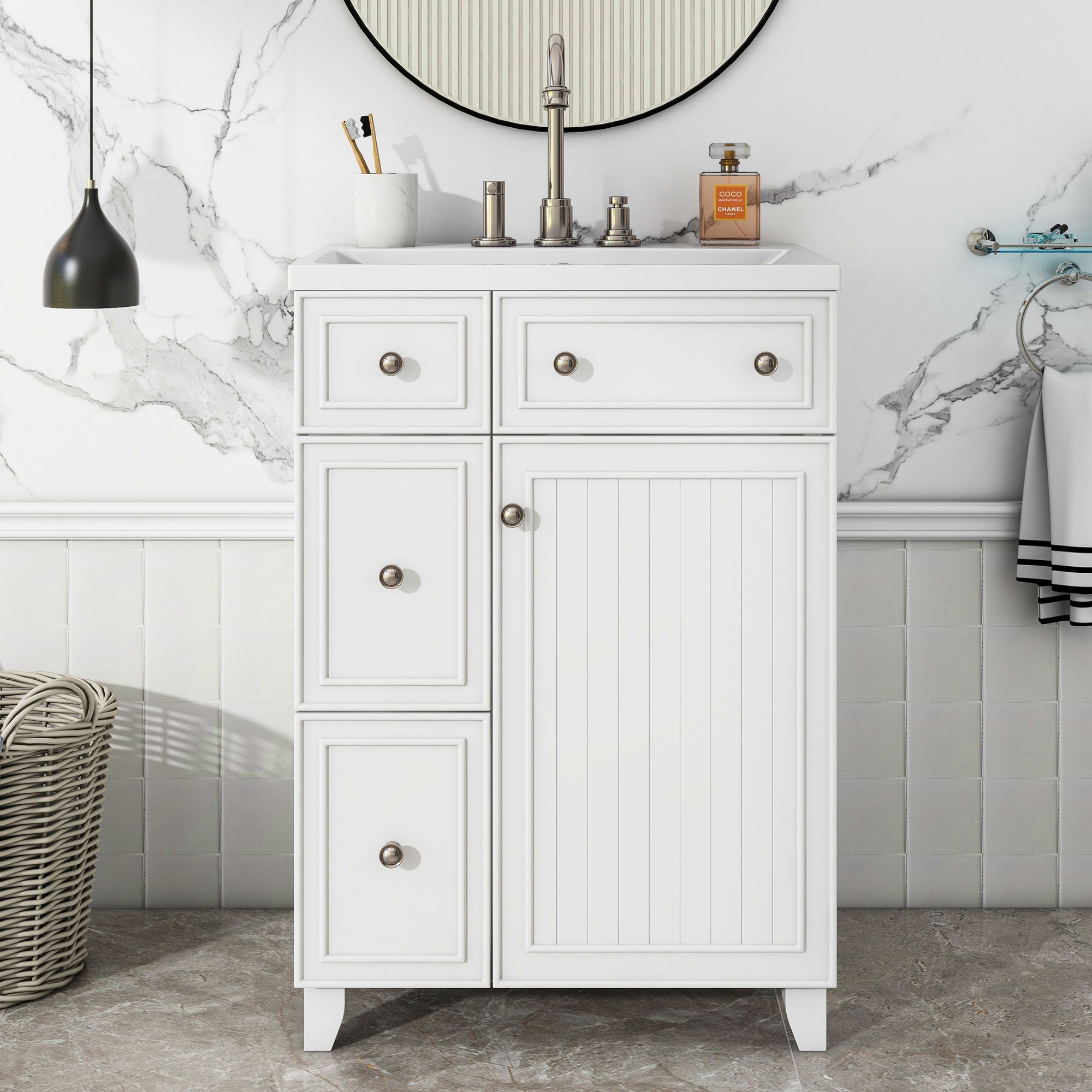 24 inch Freestanding Bathroom Vanity Set in White with Integrated Resin Sink