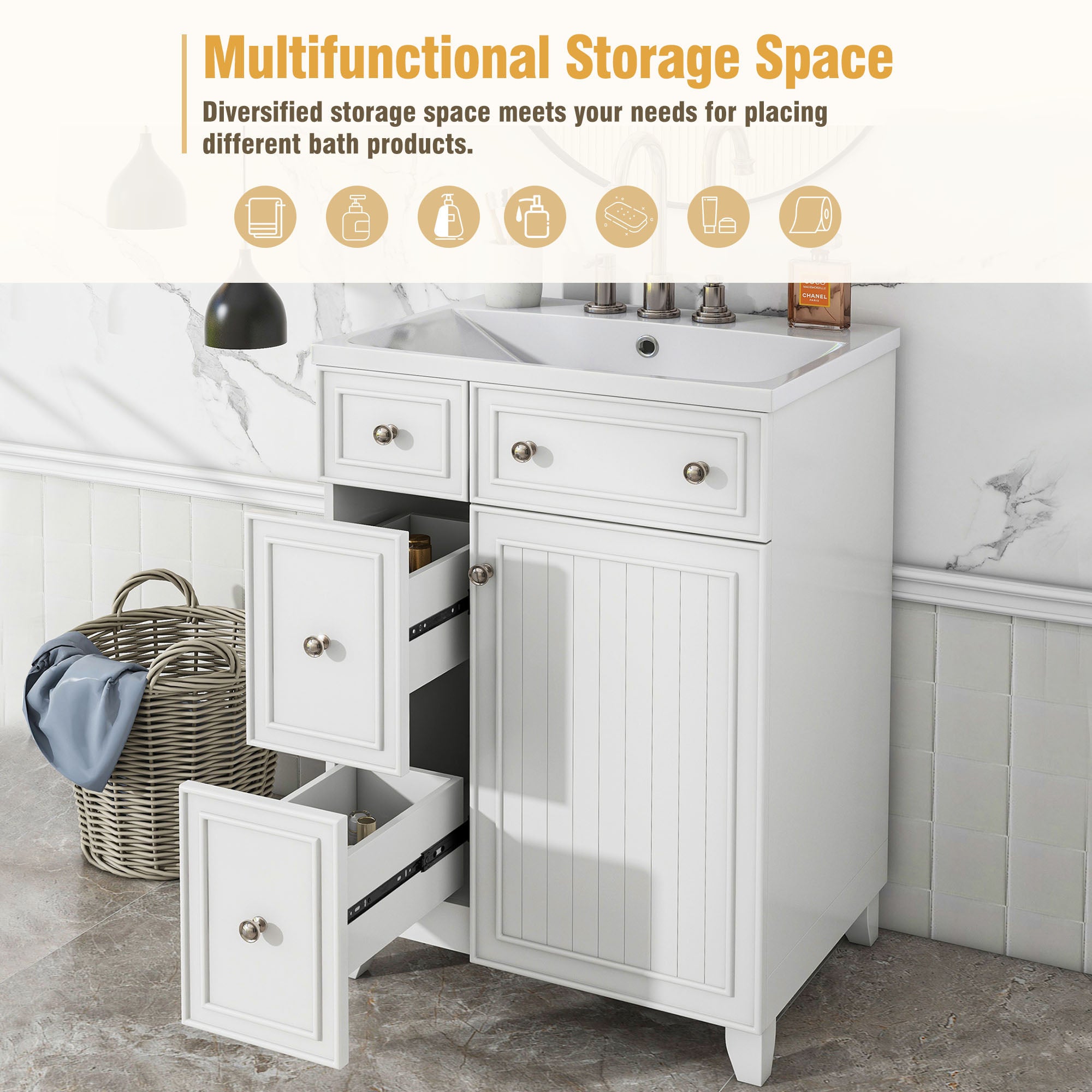 24 inch Freestanding Bathroom Vanity Set in White with Integrated Resin Sink