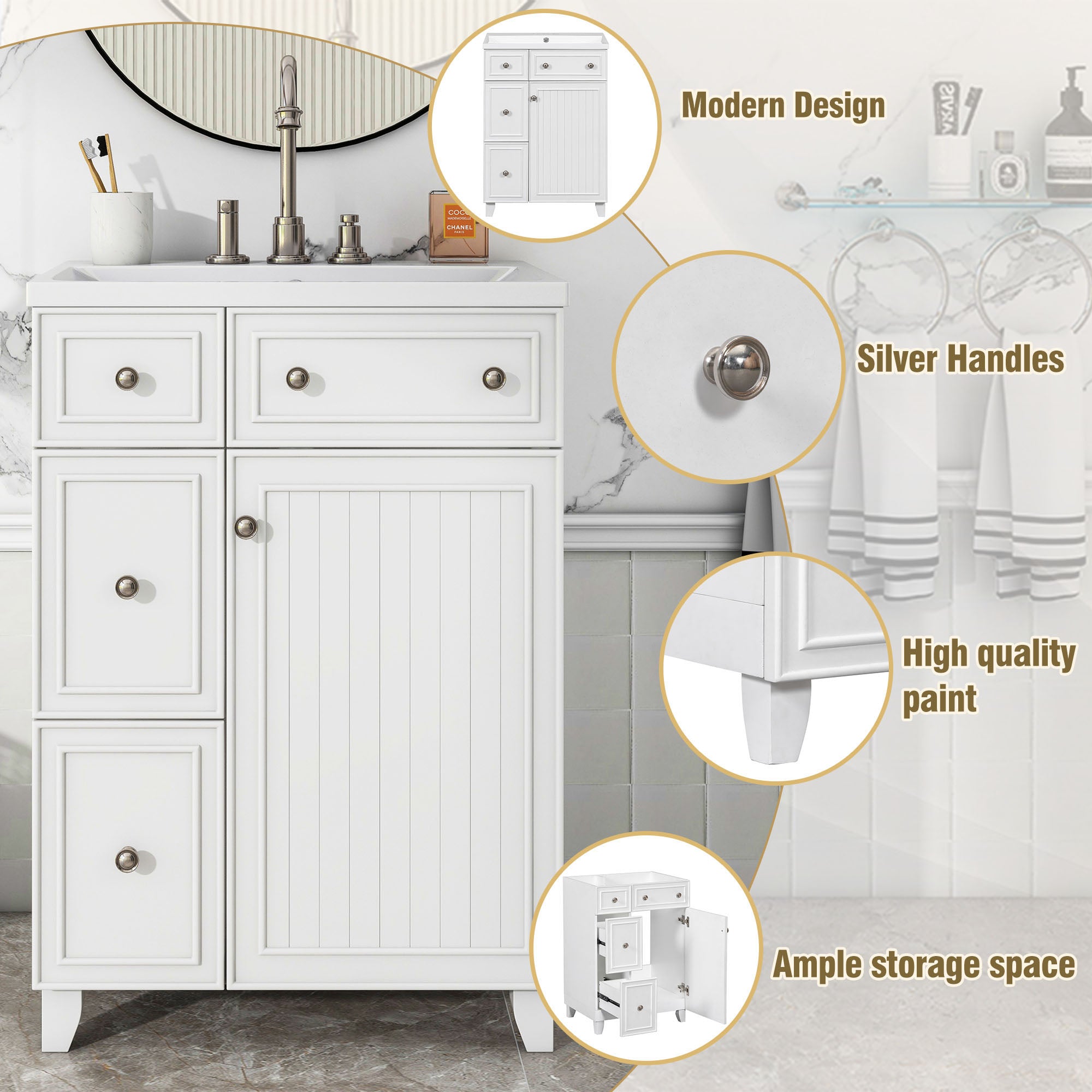 24 inch Freestanding Bathroom Vanity Set in White with Integrated Resin Sink