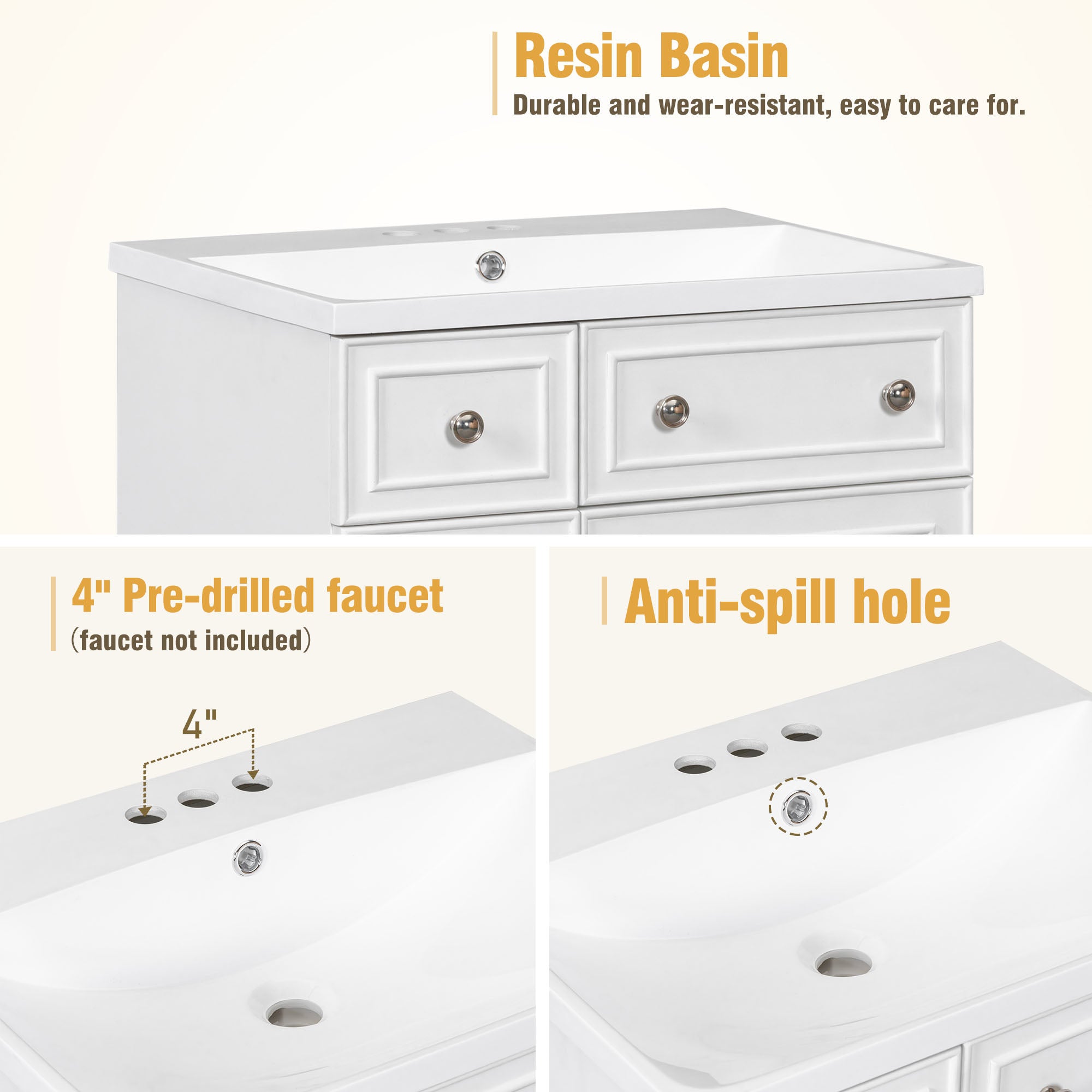 24 inch Freestanding Bathroom Vanity Set in White with Integrated Resin Sink