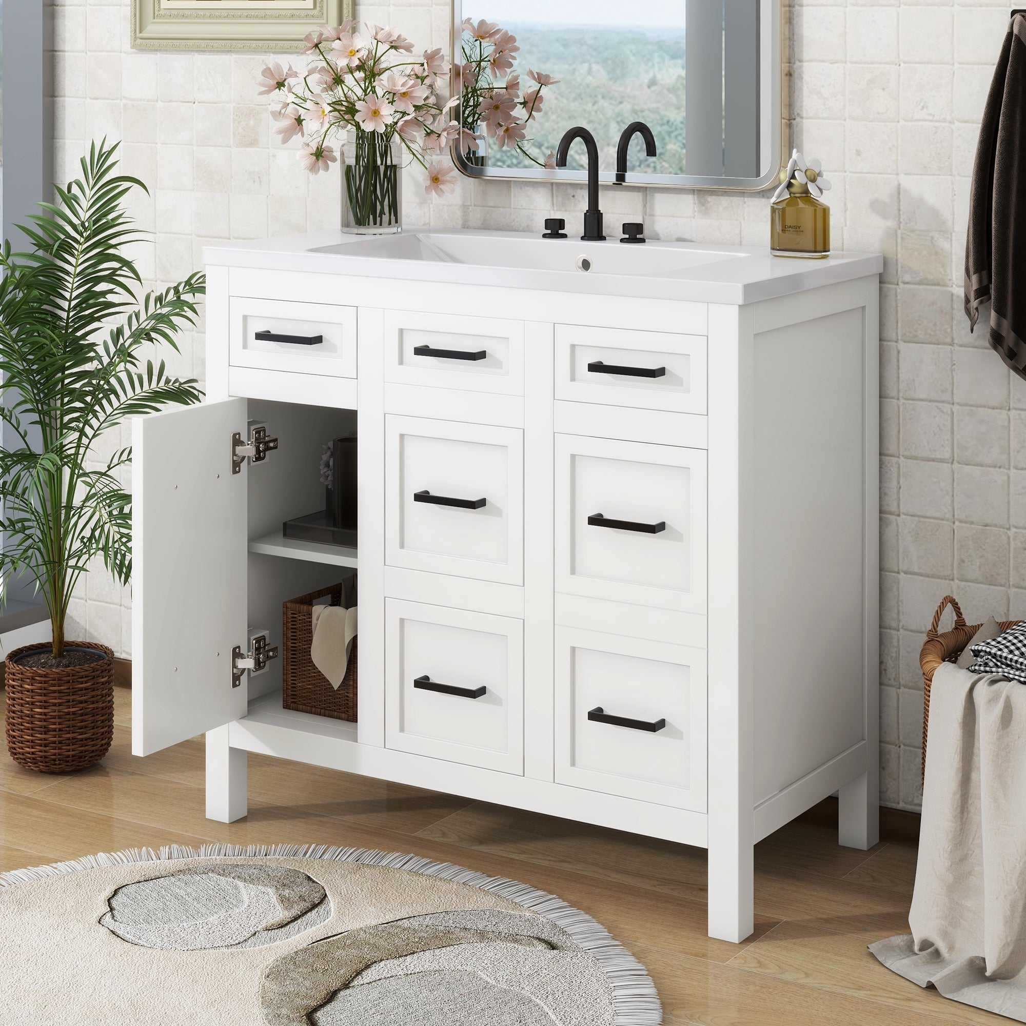 36 inch Freestanding Bathroom Vanity Set in White with Integrated Resin Sink